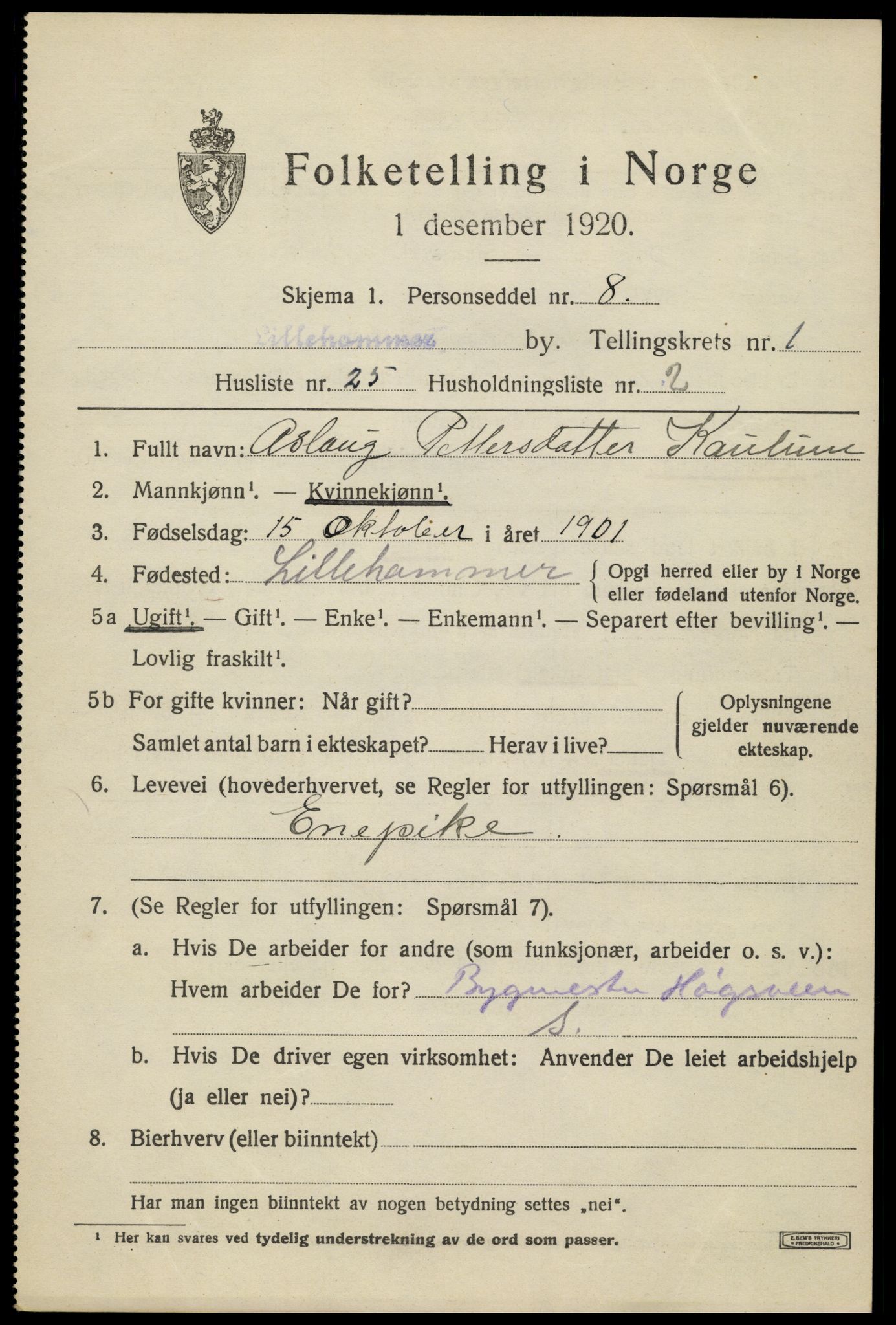 SAH, 1920 census for Lillehammer, 1920, p. 4136