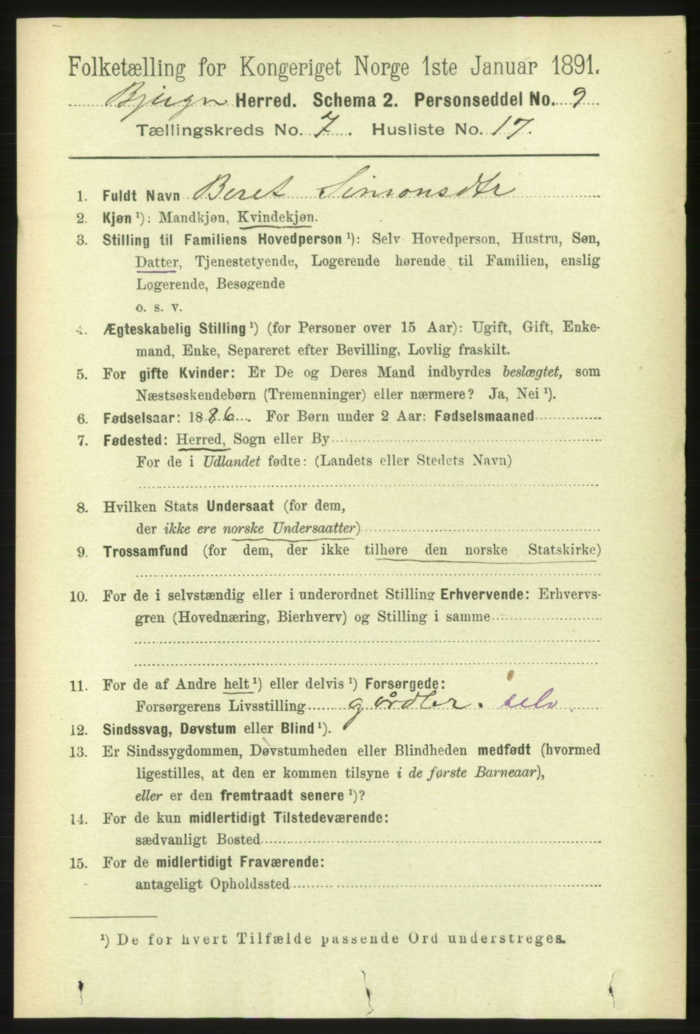 RA, 1891 census for 1627 Bjugn, 1891, p. 1943