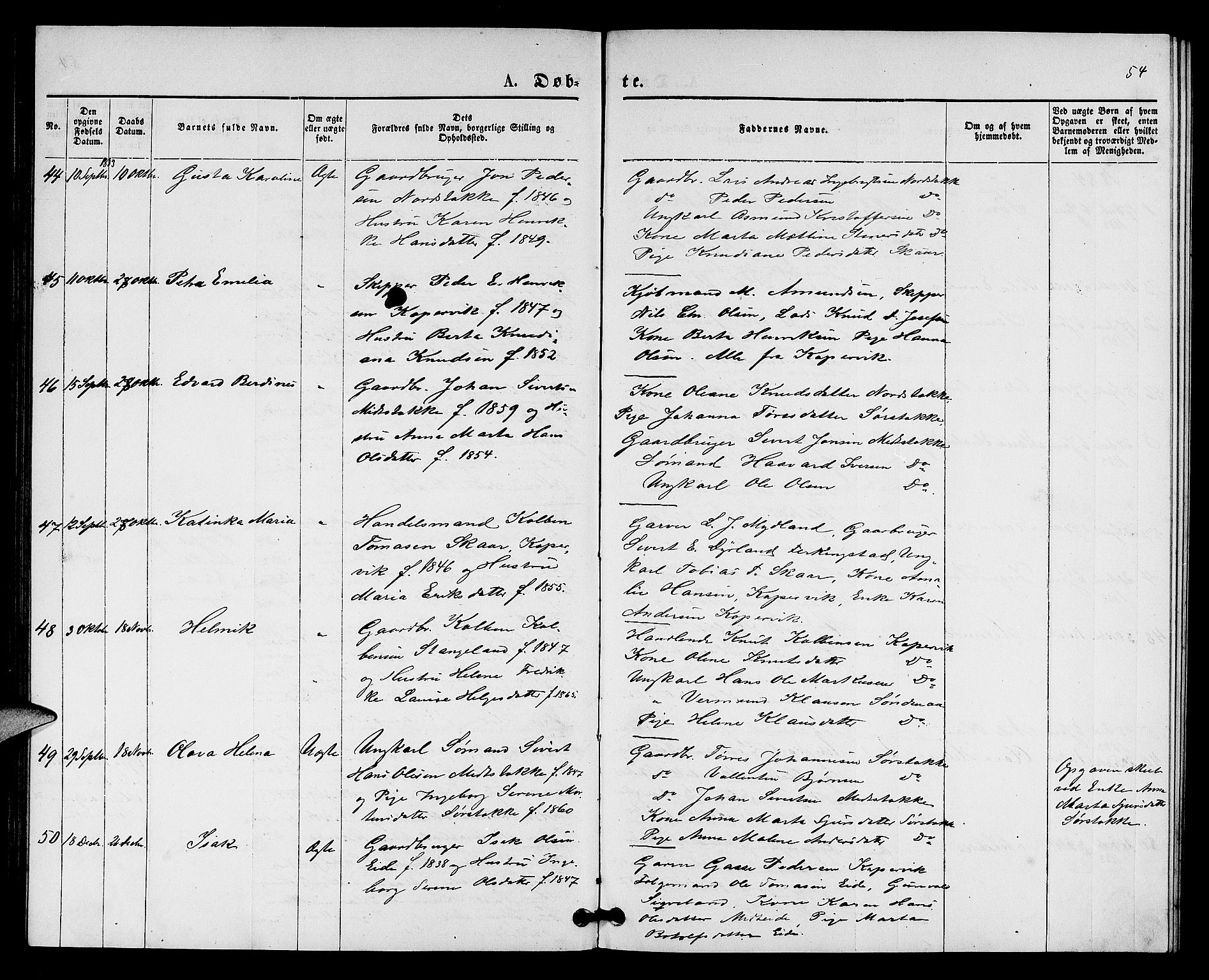 Kopervik sokneprestkontor, SAST/A-101850/H/Ha/Hab/L0001: Parish register (copy) no. B 1, 1877-1891, p. 54