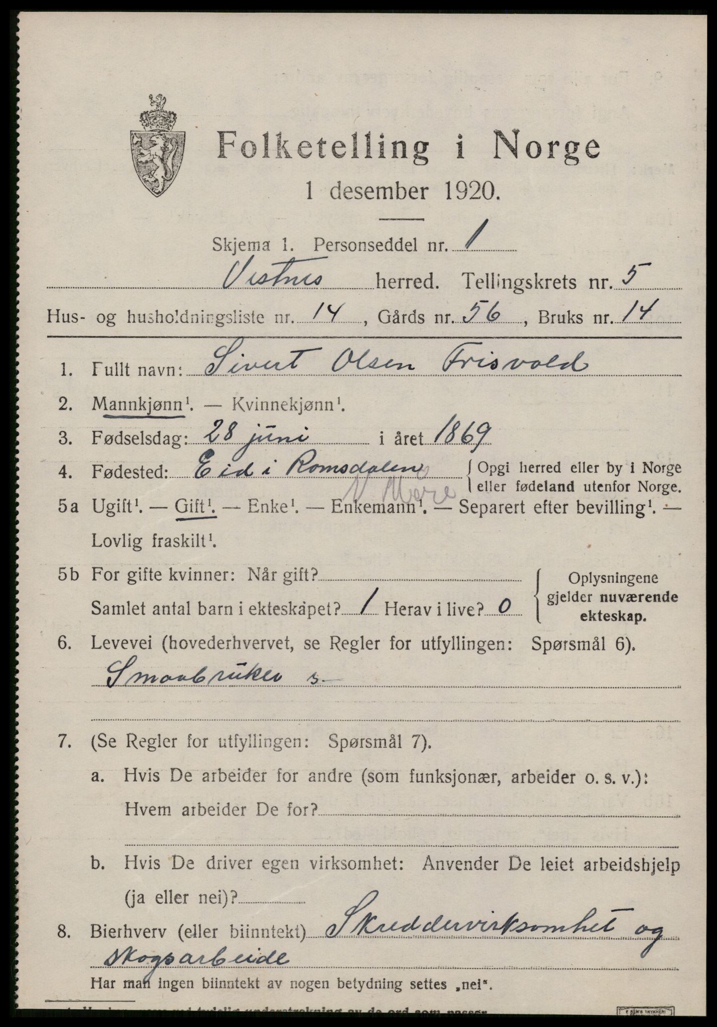 SAT, 1920 census for Vestnes, 1920, p. 4111