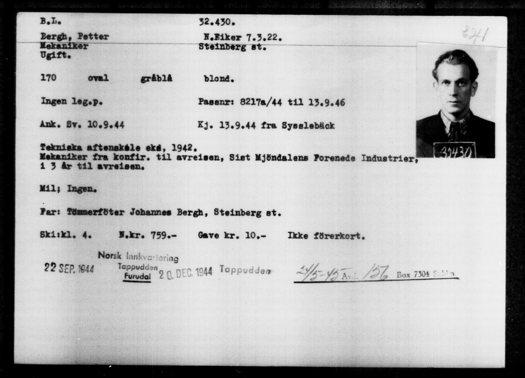 Utenriksstasjonene, Legasjonen i Stockholm, Flyktningkontoret, AV/RA-S-6753/V/Va/L0013: Kjesäterkartoteket, flyktninger med registreringsnr. 31500-34731, 1940-1945, p. 984