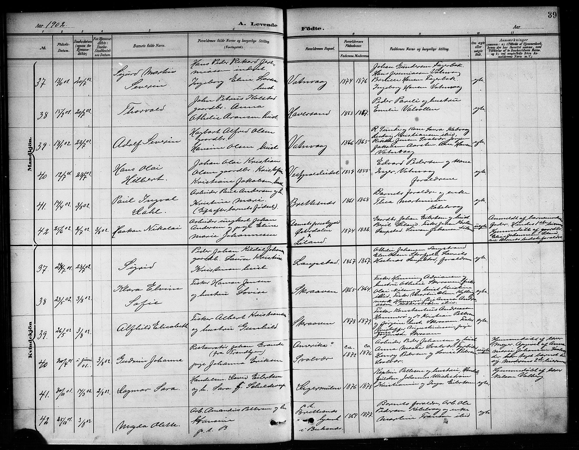 Ministerialprotokoller, klokkerbøker og fødselsregistre - Nordland, AV/SAT-A-1459/874/L1078: Parish register (copy) no. 874C07, 1900-1907, p. 39