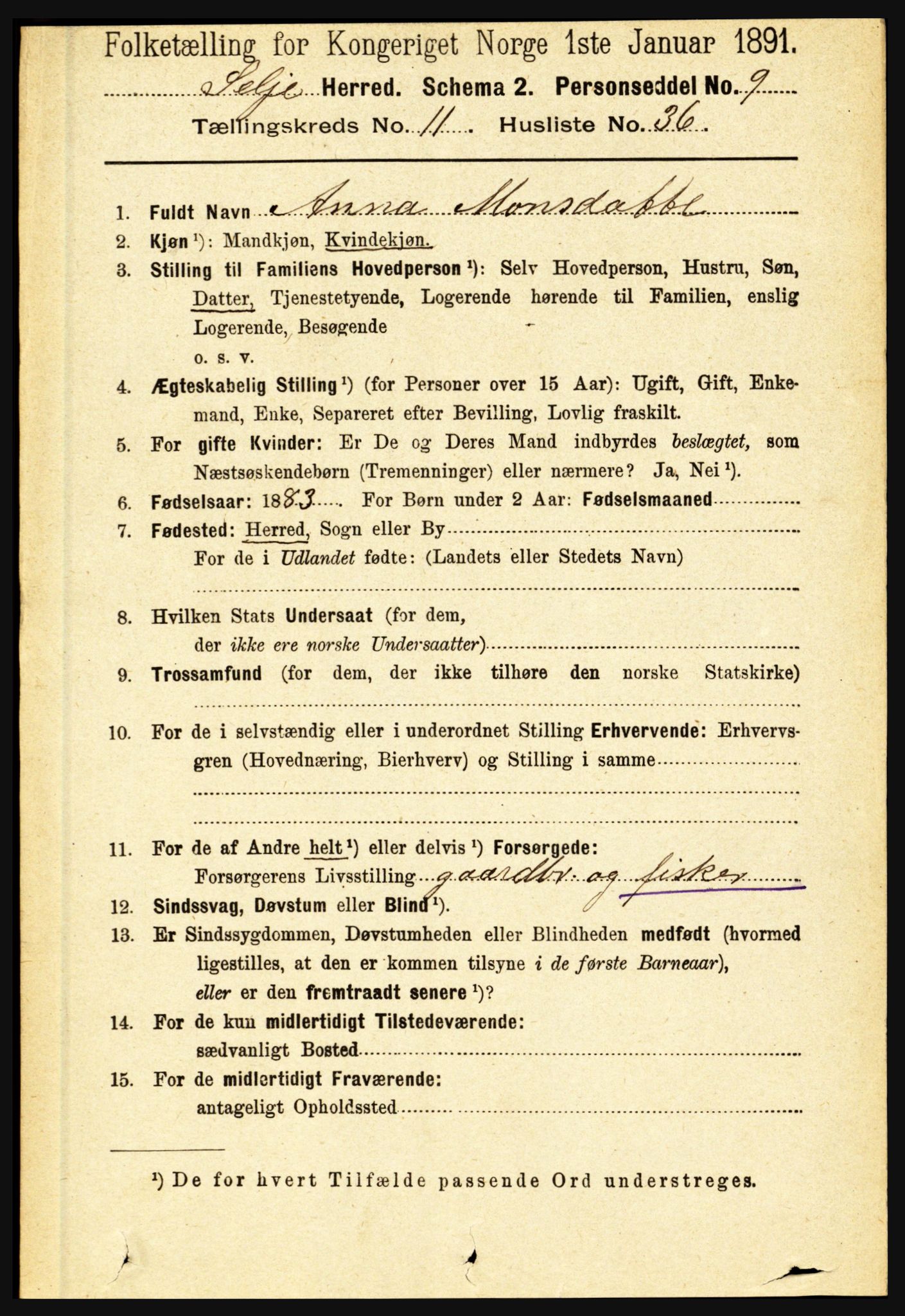 RA, 1891 census for 1441 Selje, 1891, p. 3614