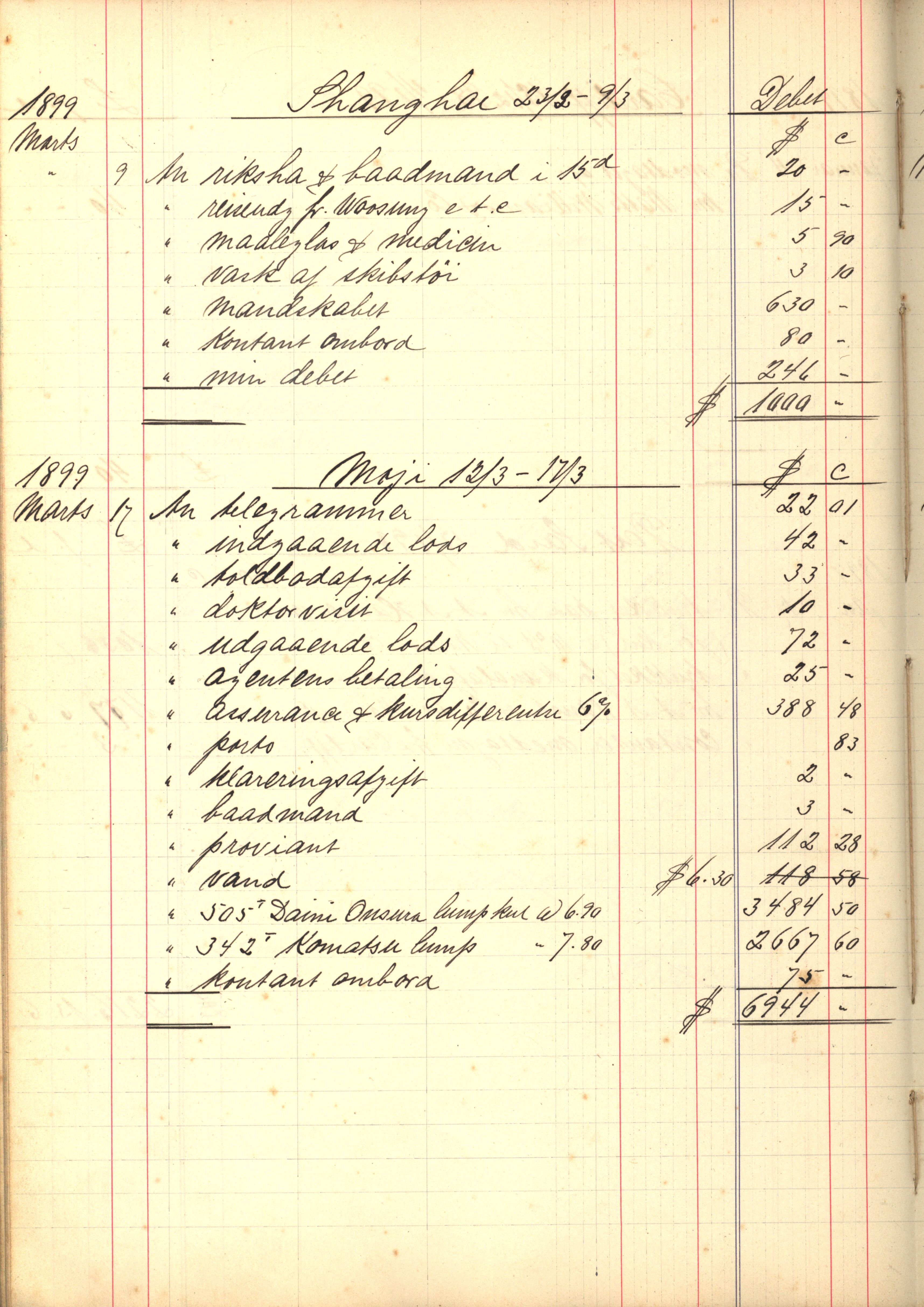 Pa 183 - Krogh-Hansen. Kaptein, VEMU/A-1235/R/L0002: Regnskapsbok for skipene St. Andrews, Norman Isles og Guernsey, 1894-1903