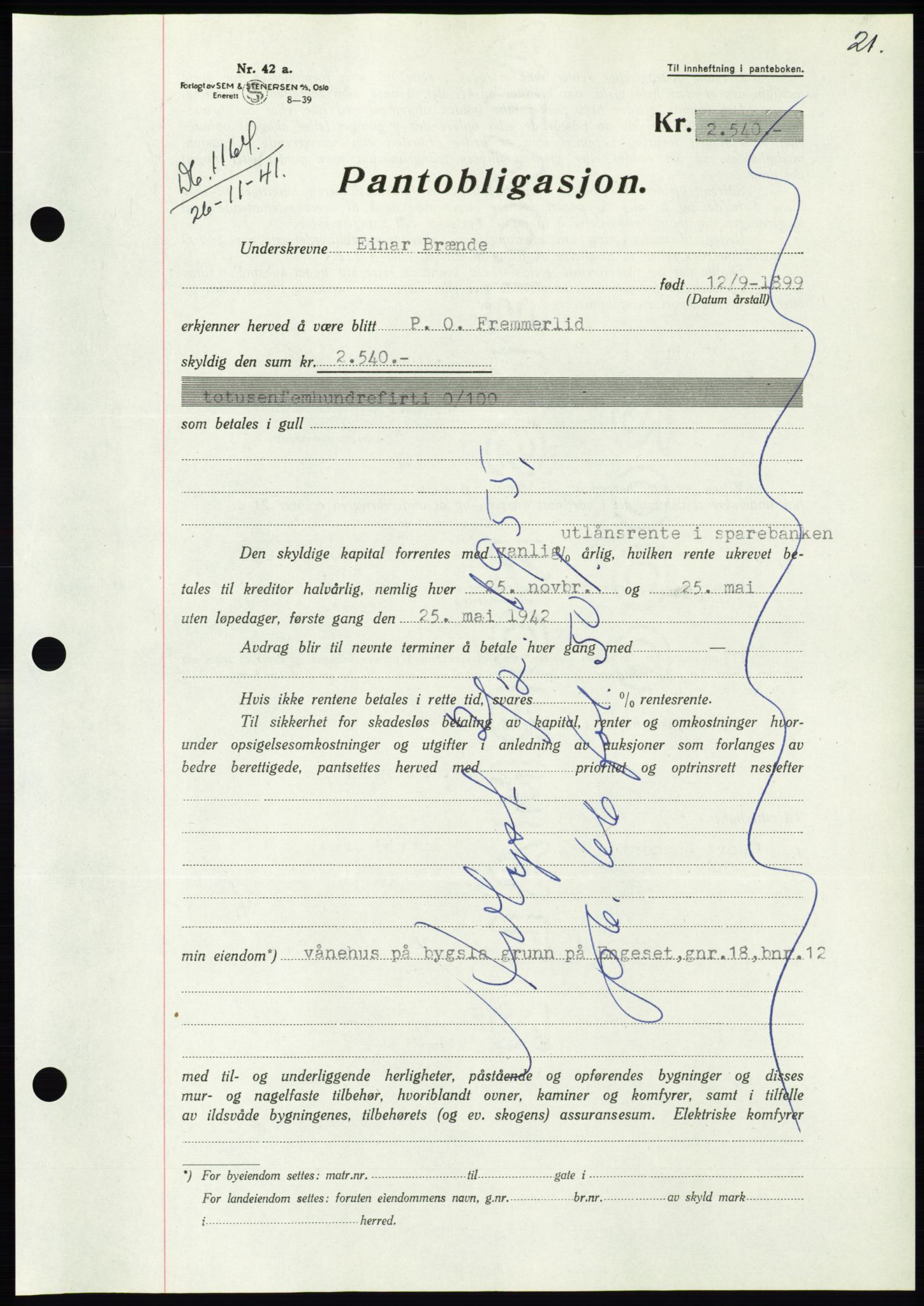 Søre Sunnmøre sorenskriveri, AV/SAT-A-4122/1/2/2C/L0073: Mortgage book no. 67, 1941-1942, Diary no: : 1164/1941