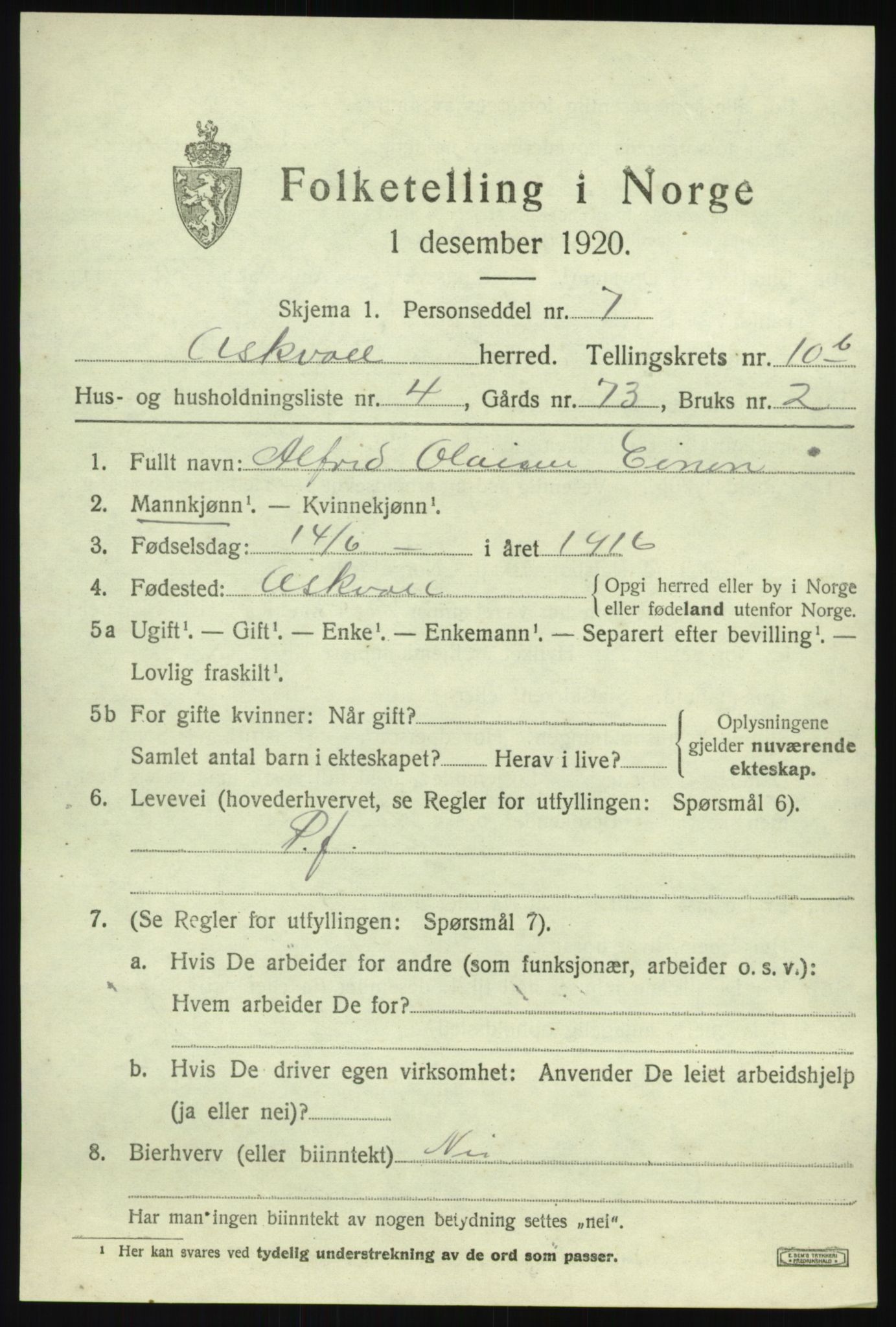 SAB, 1920 census for Askvoll, 1920, p. 4388