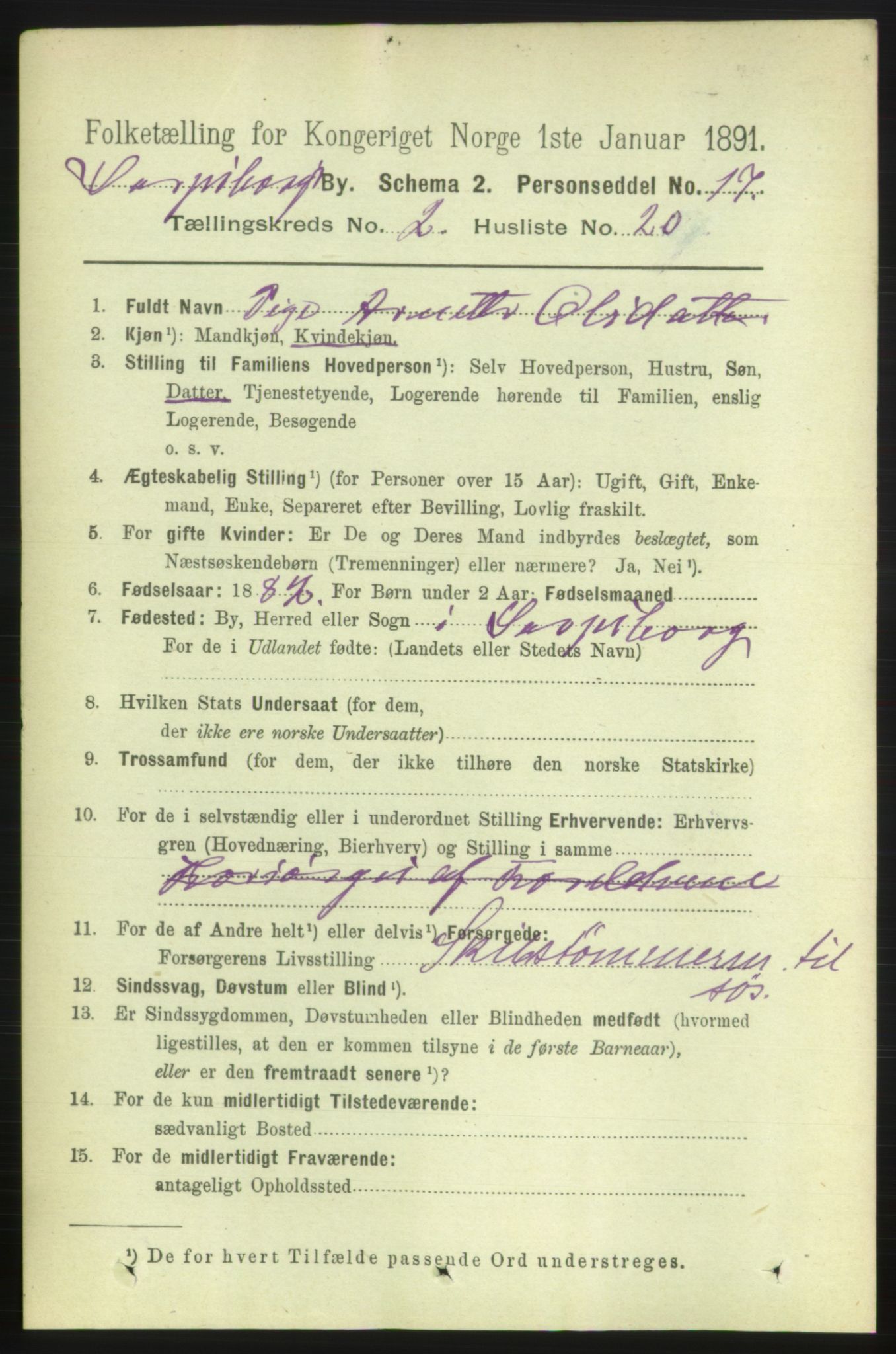 RA, 1891 census for 0102 Sarpsborg, 1891, p. 1458