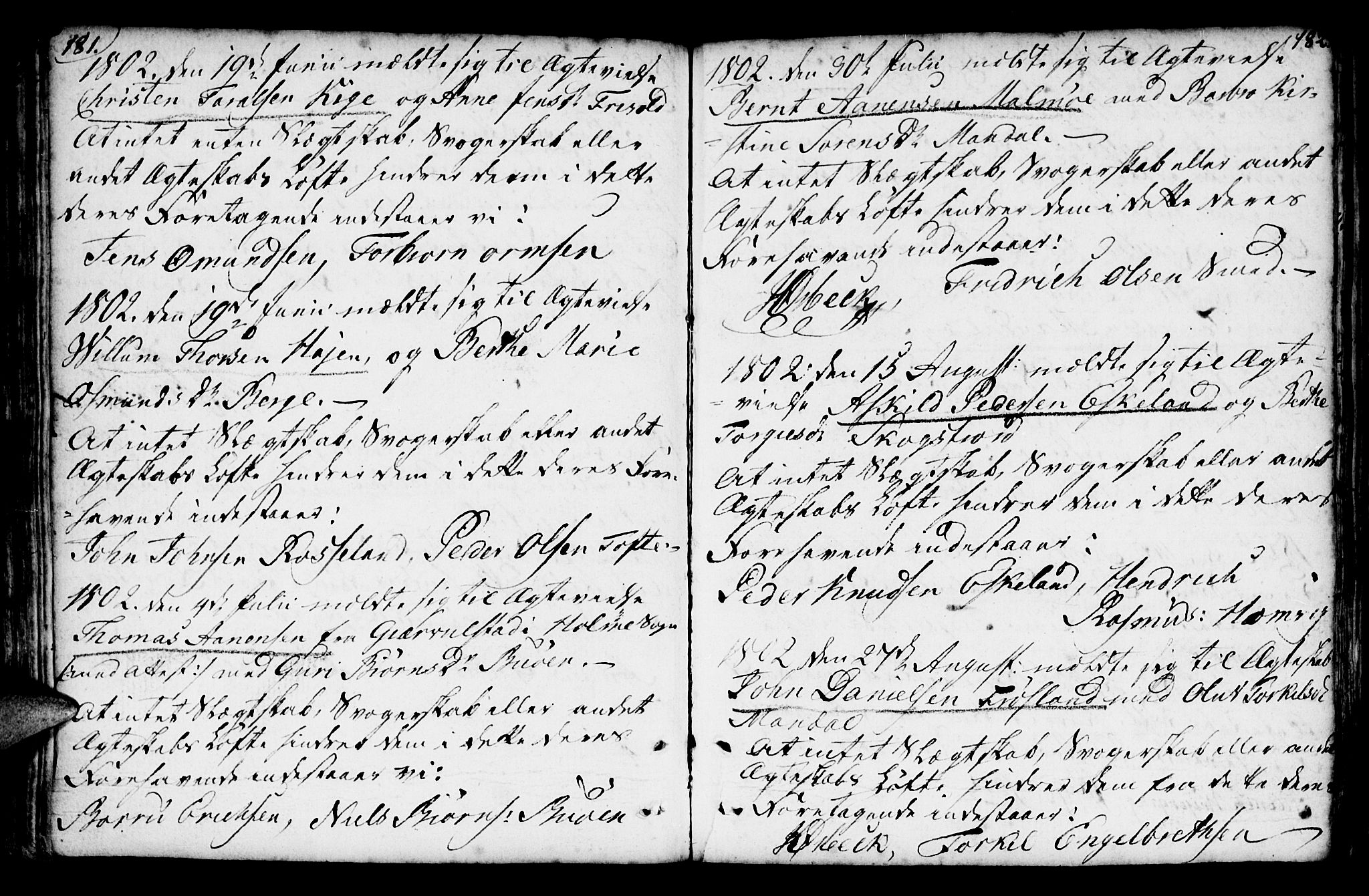 Mandal sokneprestkontor, AV/SAK-1111-0030/F/Fa/Faa/L0007: Parish register (official) no. A 7, 1783-1818, p. 181-182