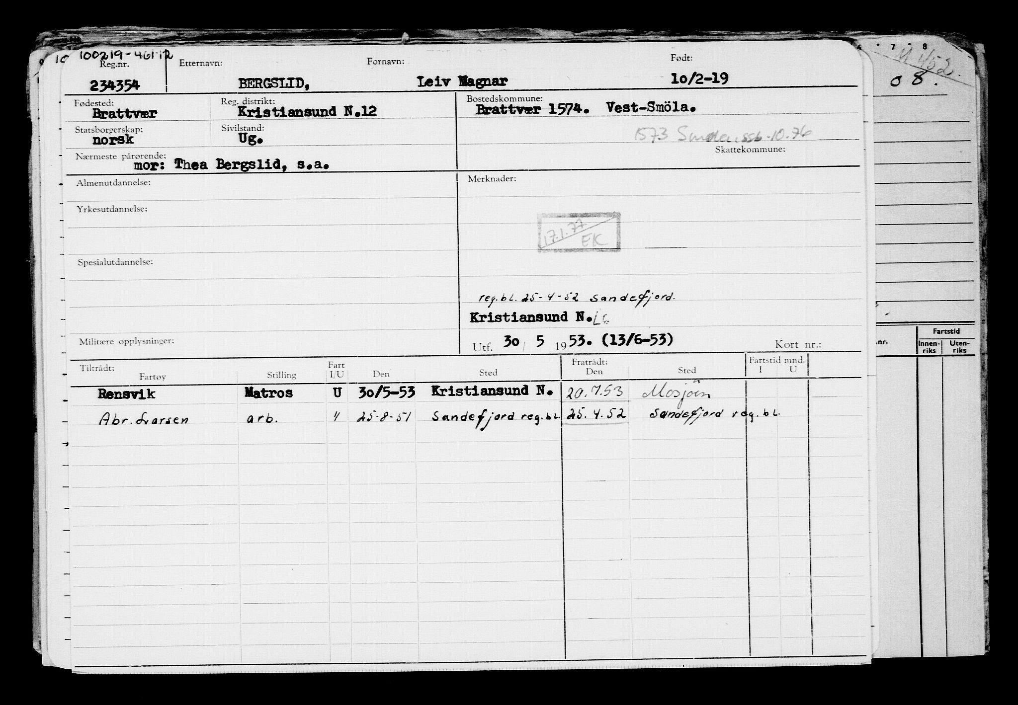 Direktoratet for sjømenn, RA/S-3545/G/Gb/L0166: Hovedkort, 1919, p. 186