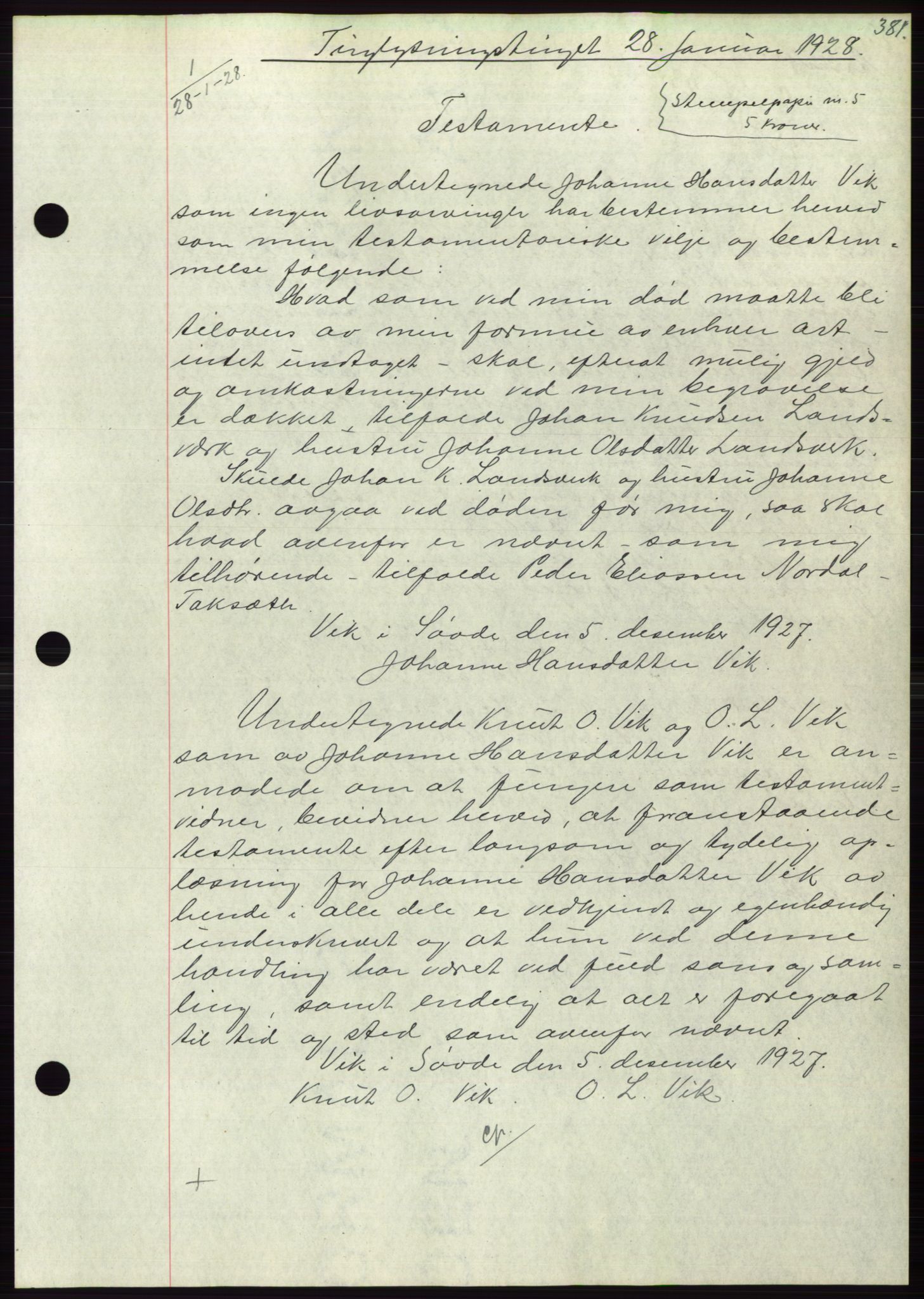 Søre Sunnmøre sorenskriveri, AV/SAT-A-4122/1/2/2C/L0047: Mortgage book no. 41, 1927-1928, Deed date: 28.01.1928