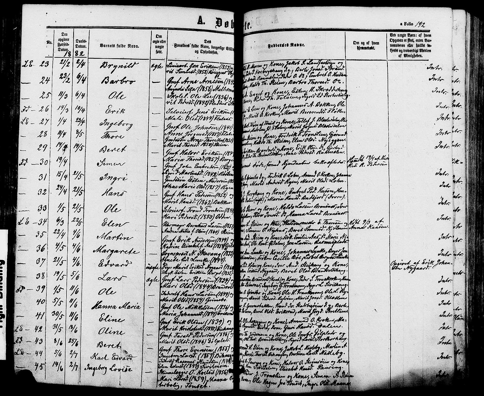 Alvdal prestekontor, AV/SAH-PREST-060/H/Ha/Haa/L0001: Parish register (official) no. 1, 1863-1882, p. 192