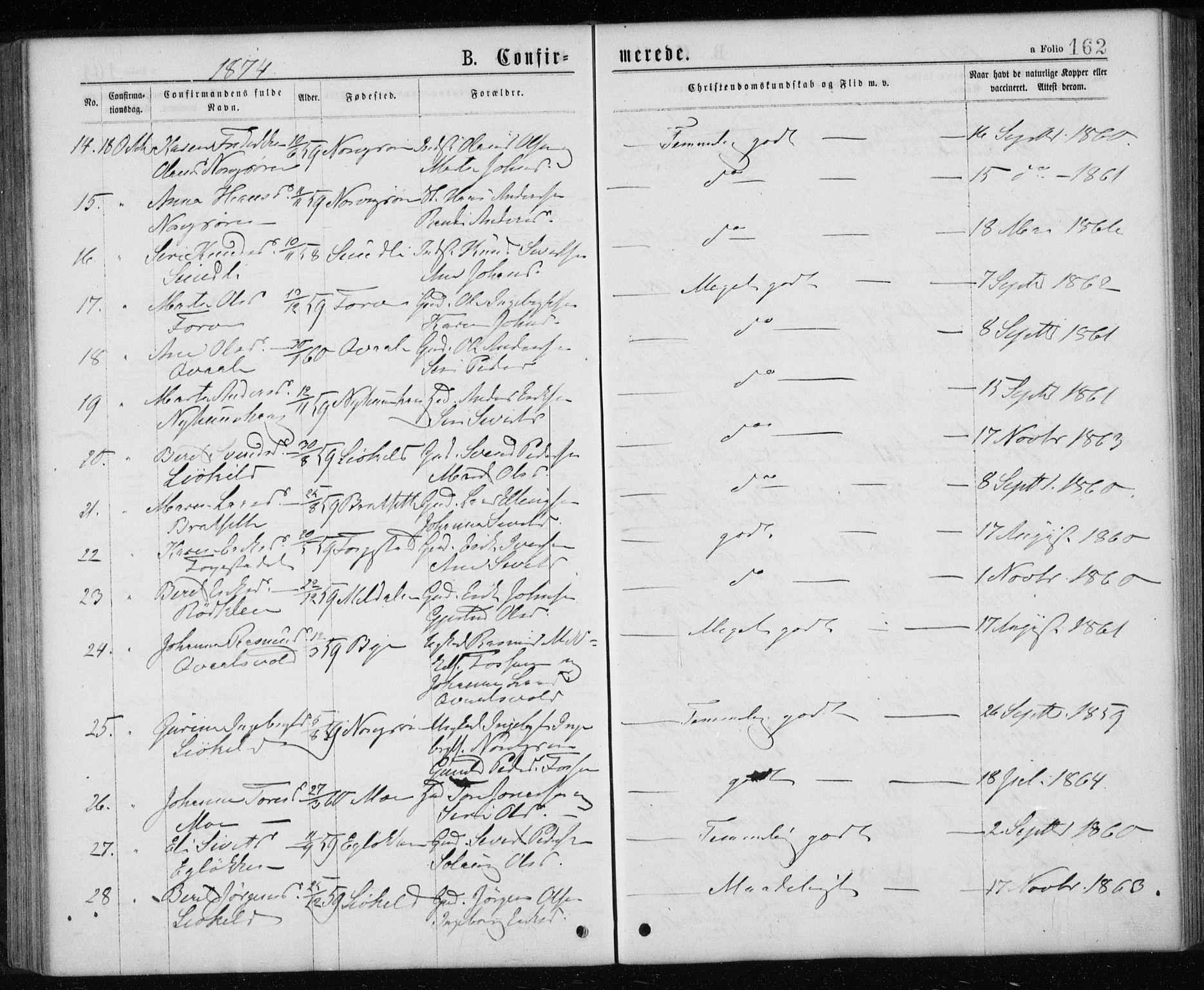 Ministerialprotokoller, klokkerbøker og fødselsregistre - Sør-Trøndelag, SAT/A-1456/668/L0817: Parish register (copy) no. 668C06, 1873-1884, p. 162