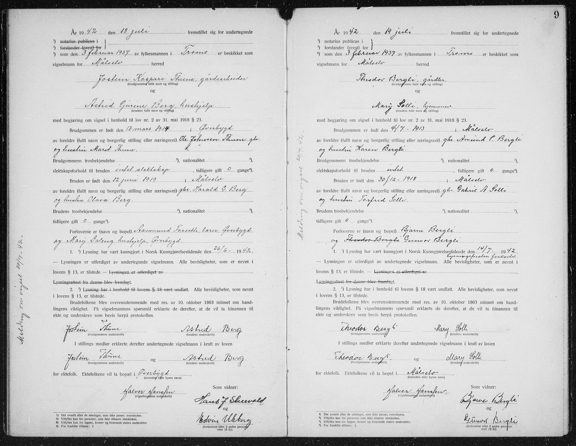 Målselv sokneprestembete, AV/SATØ-S-1311/I/Ie/L0046: Marriage register (dissenter) no. 46, 1919-1942, p. 9