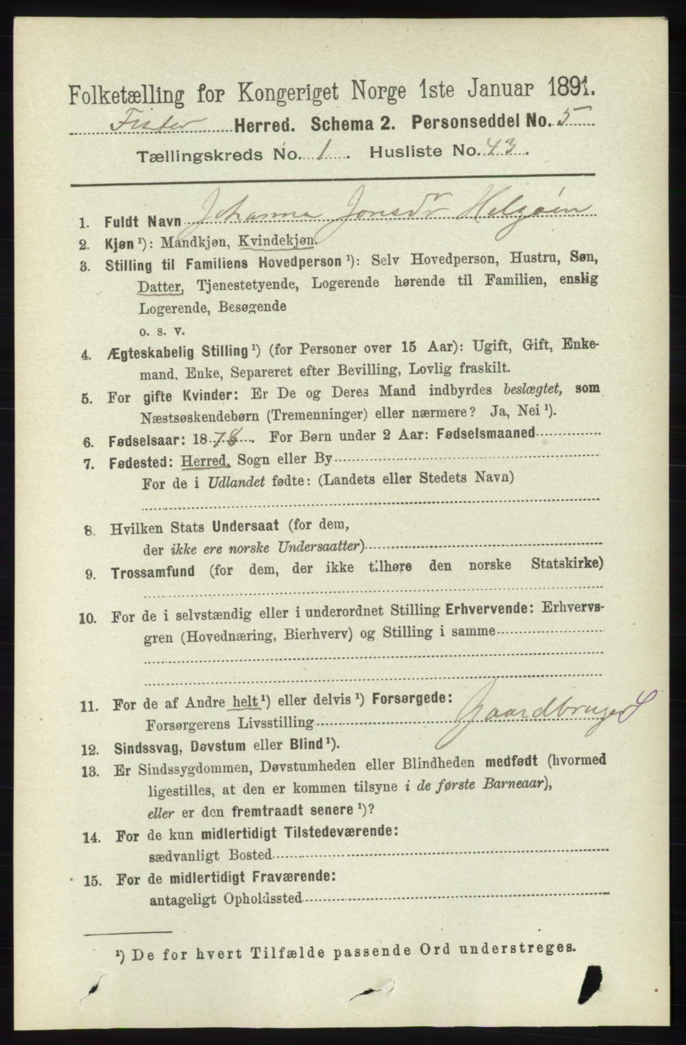 RA, 1891 census for 1132 Fister, 1891, p. 281