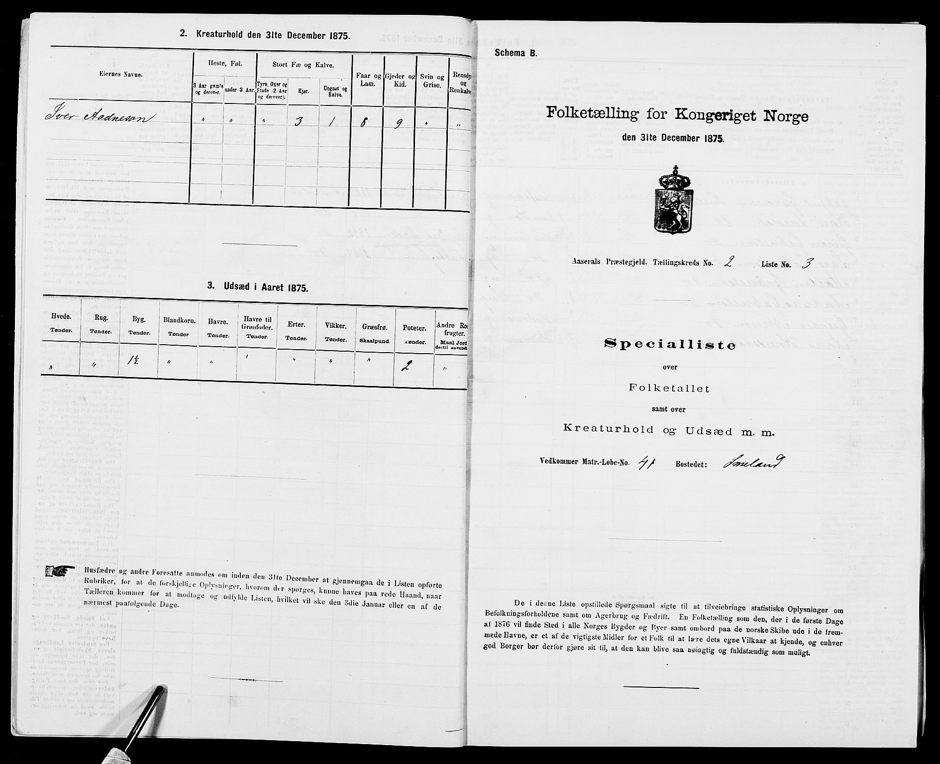 SAK, 1875 census for 0980P Åseral, 1875, p. 139