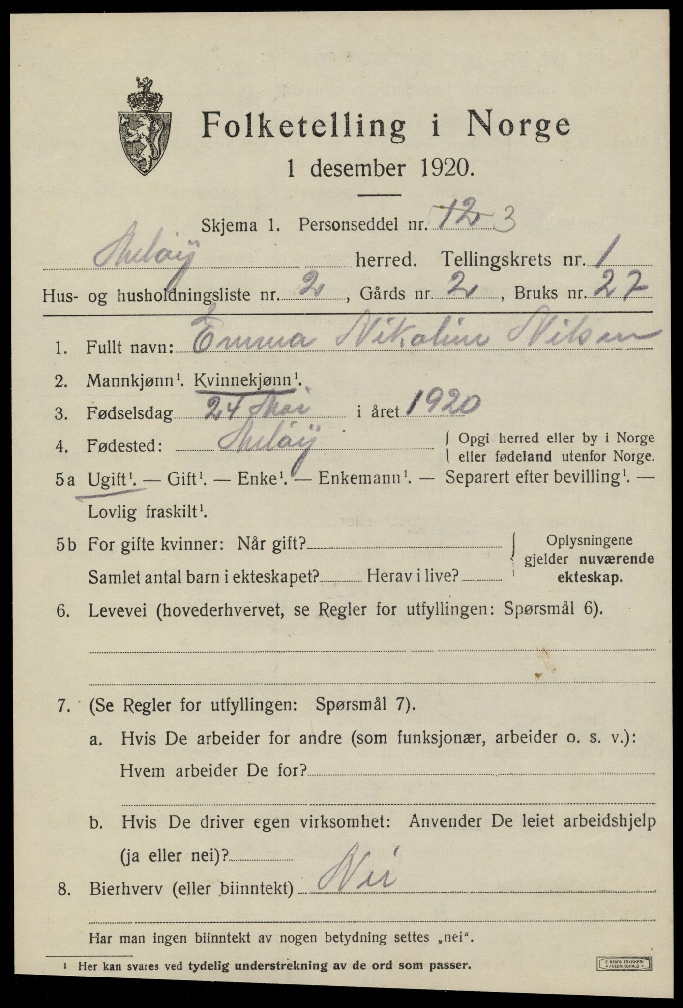 SAT, 1920 census for Meløy, 1920, p. 1479