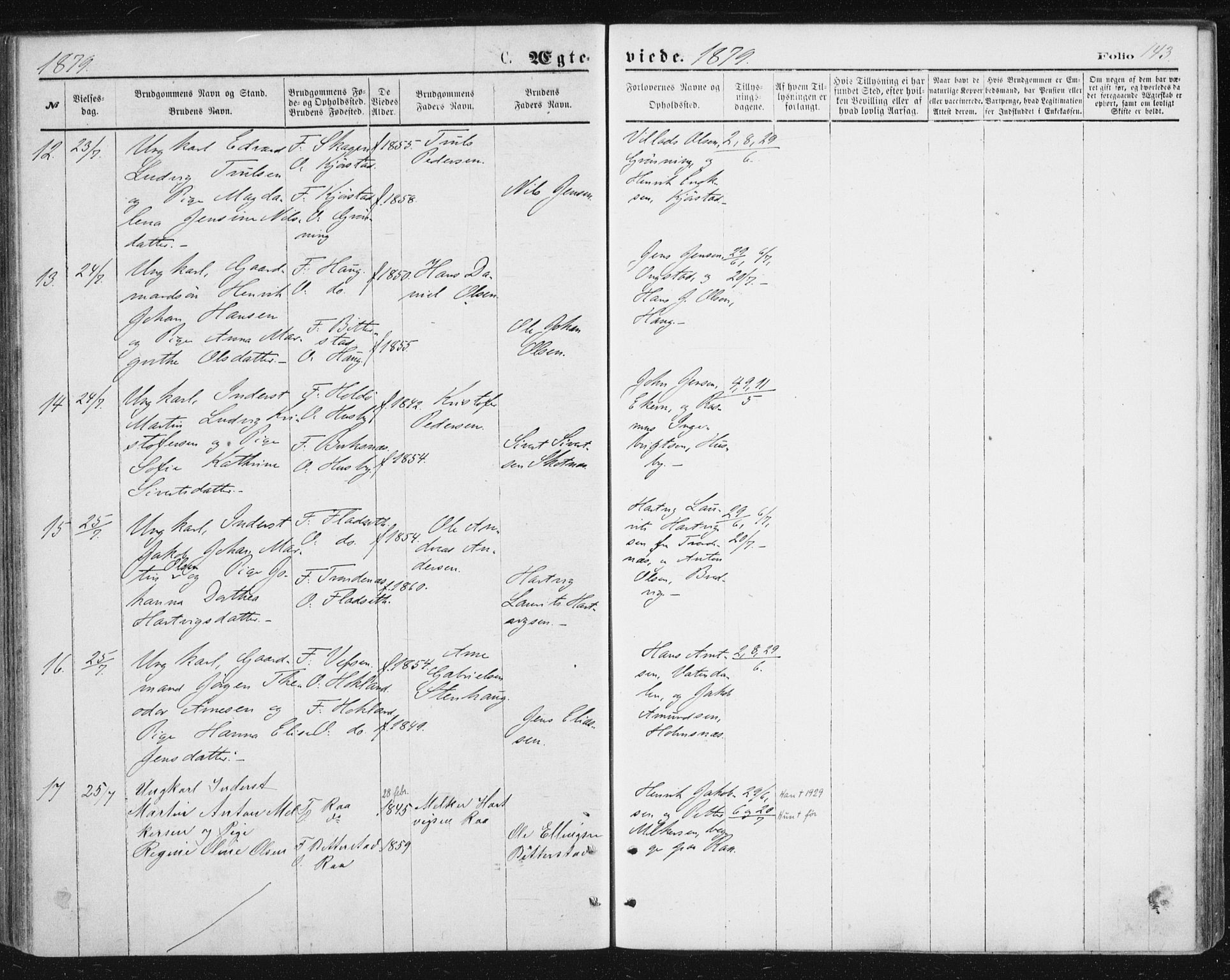 Ministerialprotokoller, klokkerbøker og fødselsregistre - Nordland, AV/SAT-A-1459/888/L1243: Parish register (official) no. 888A09, 1876-1879, p. 143