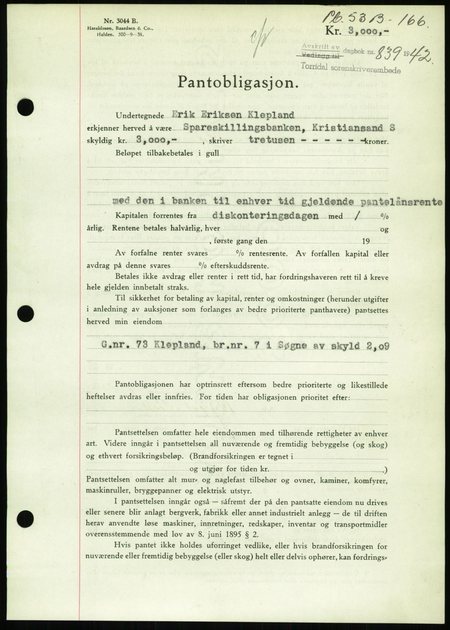 Torridal sorenskriveri, SAK/1221-0012/G/Gb/Gbb/L0009: Mortgage book no. 53b, 1942-1943, Diary no: : 839/1942