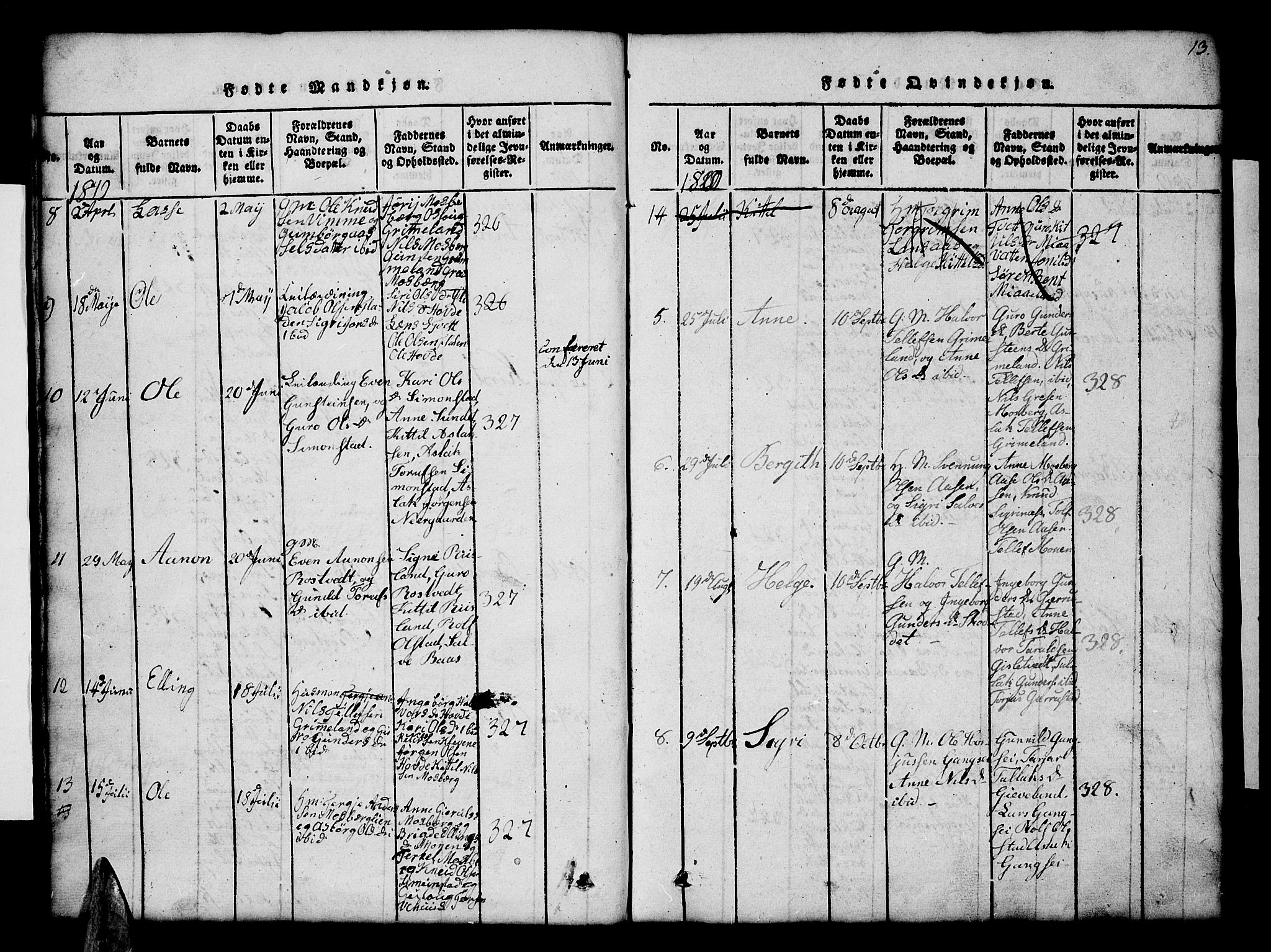 Åmli sokneprestkontor, AV/SAK-1111-0050/F/Fb/Fbc/L0001: Parish register (copy) no. B 1, 1816-1867, p. 13