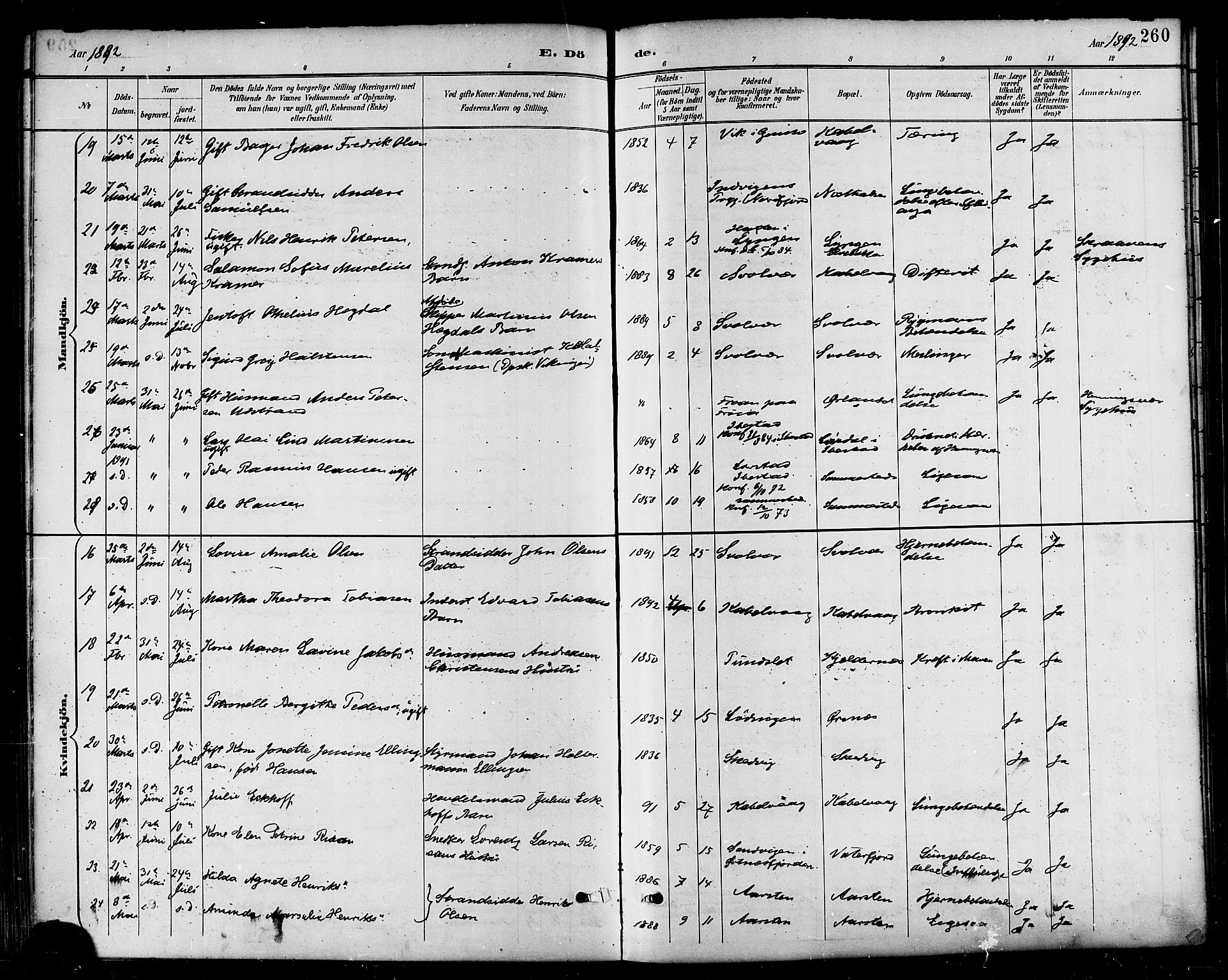 Ministerialprotokoller, klokkerbøker og fødselsregistre - Nordland, AV/SAT-A-1459/874/L1060: Parish register (official) no. 874A04, 1890-1899, p. 260