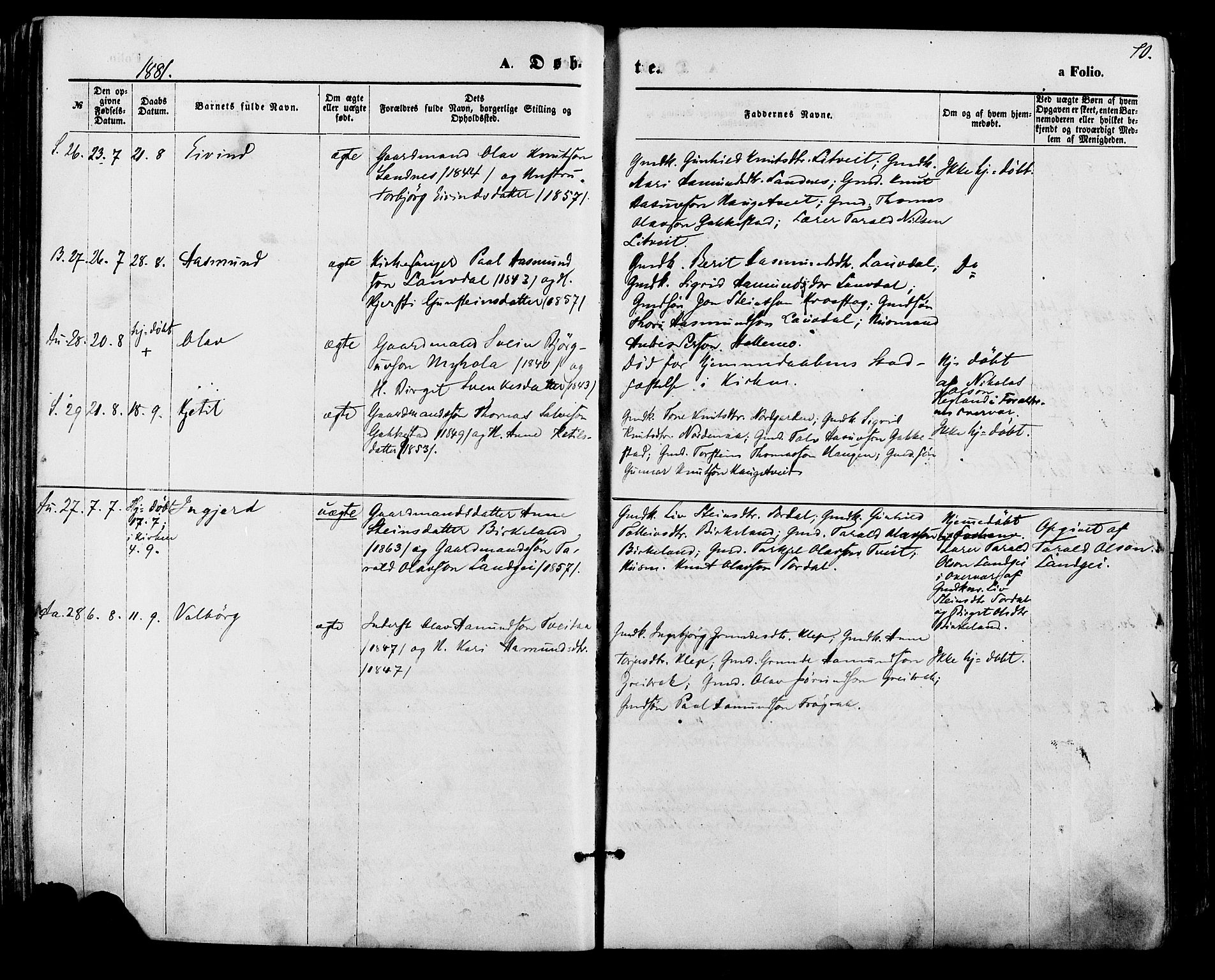 Bygland sokneprestkontor, AV/SAK-1111-0006/F/Fa/Fab/L0006: Parish register (official) no. A 6, 1873-1884, p. 70