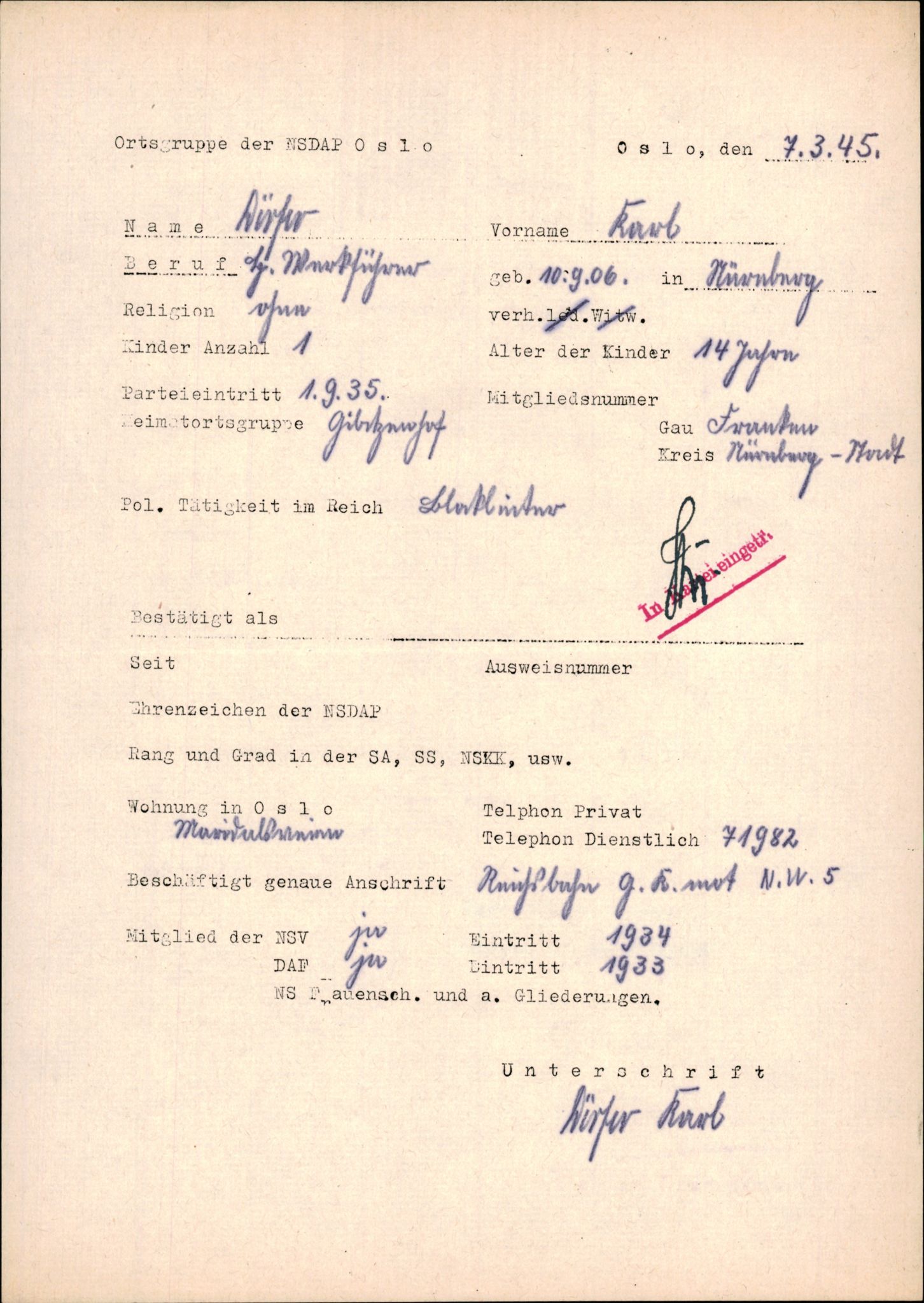 Forsvarets Overkommando. 2 kontor. Arkiv 11.4. Spredte tyske arkivsaker, AV/RA-RAFA-7031/D/Dar/Darb/L0015: Reichskommissariat - NSDAP in Norwegen, 1938-1945, p. 383