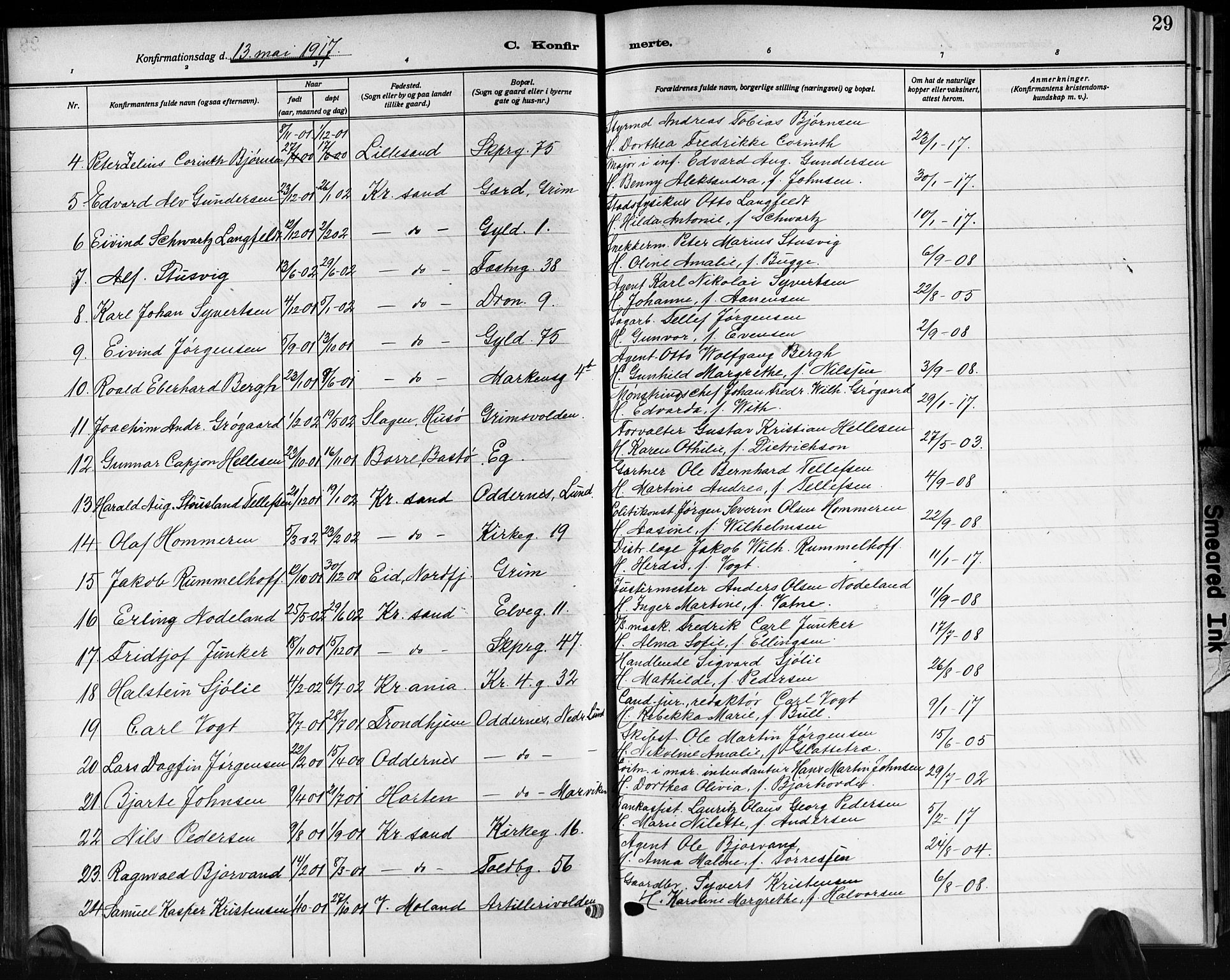 Kristiansand domprosti, AV/SAK-1112-0006/F/Fb/L0022: Parish register (copy) no. B 22, 1915-1925, p. 29