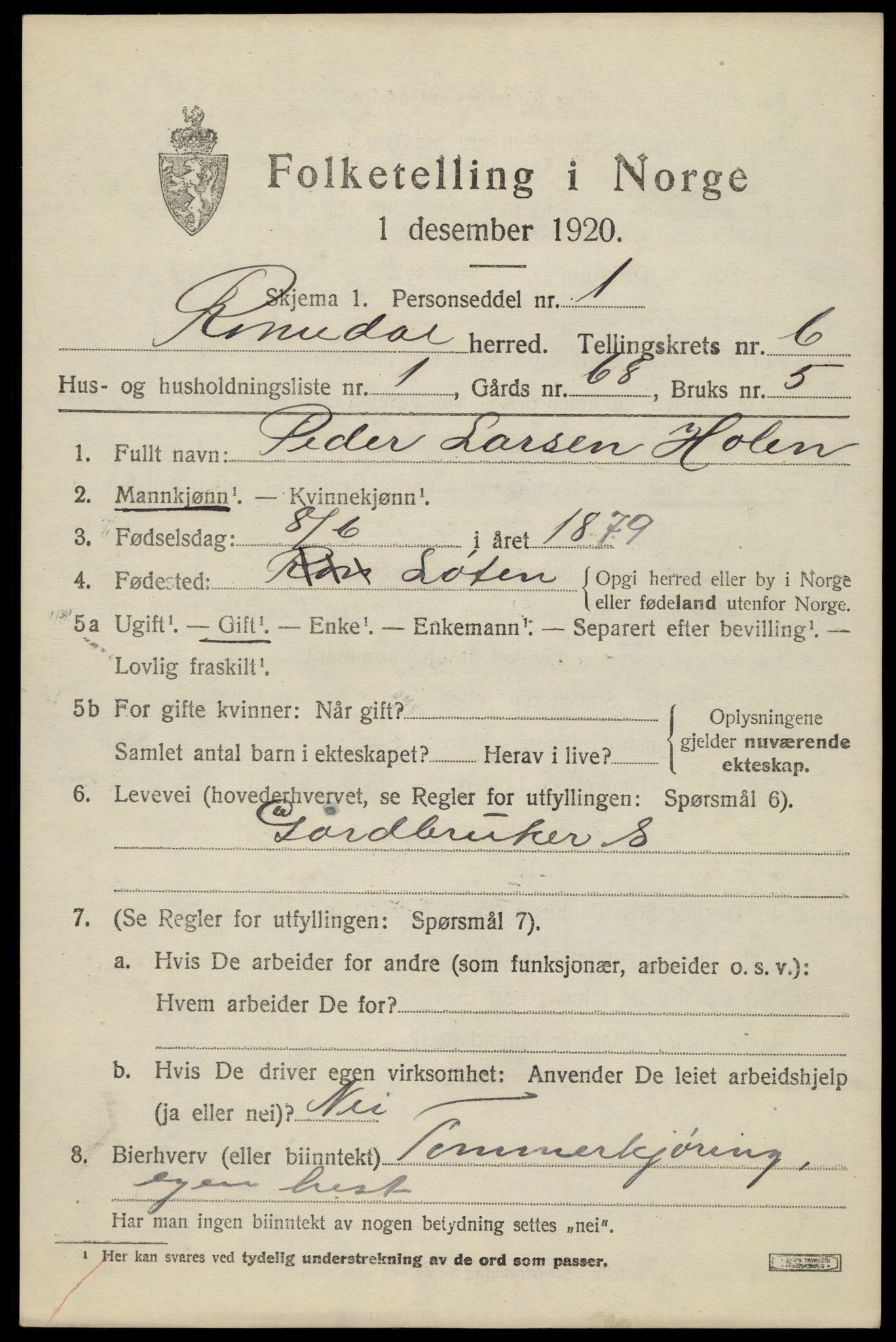 SAH, 1920 census for Romedal, 1920, p. 7773