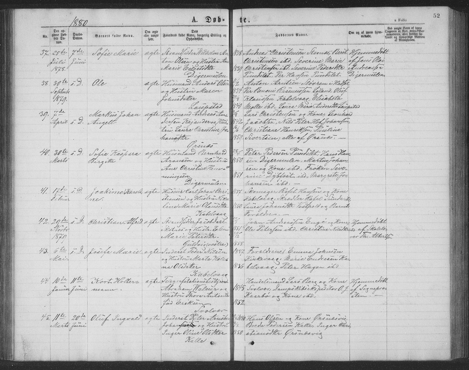 Ministerialprotokoller, klokkerbøker og fødselsregistre - Nordland, AV/SAT-A-1459/874/L1075: Parish register (copy) no. 874C04, 1876-1883, p. 52