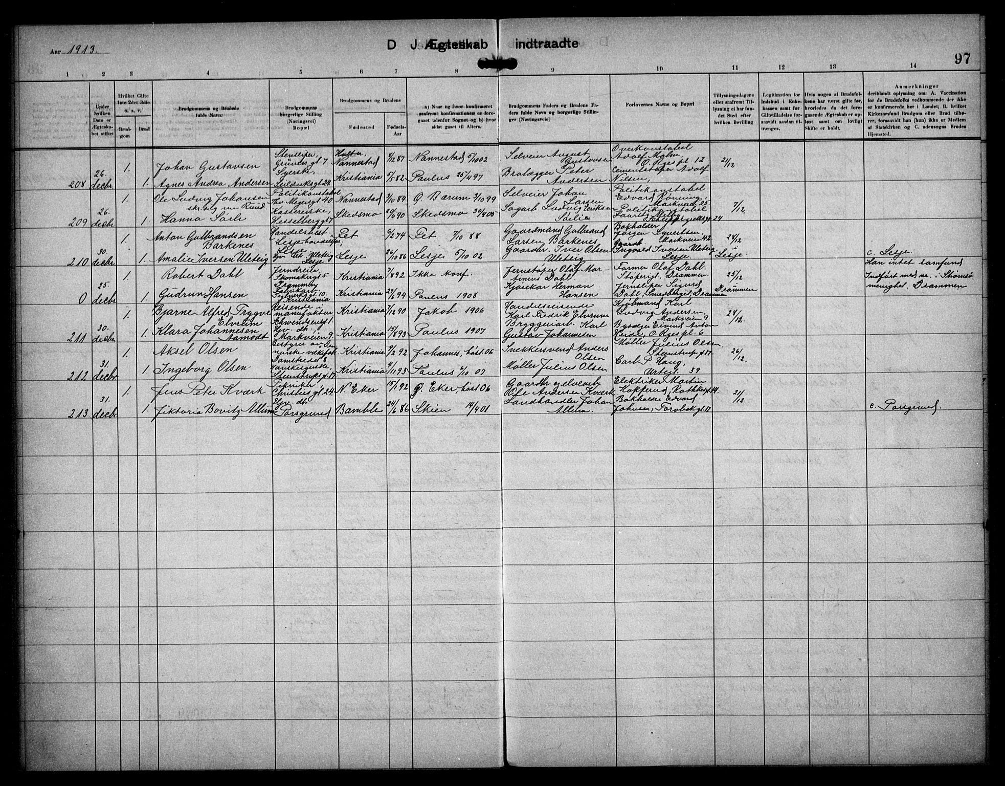 Paulus prestekontor Kirkebøker, SAO/A-10871/F/Fa/L0017: Parish register (official) no. 17, 1906-1917, p. 97