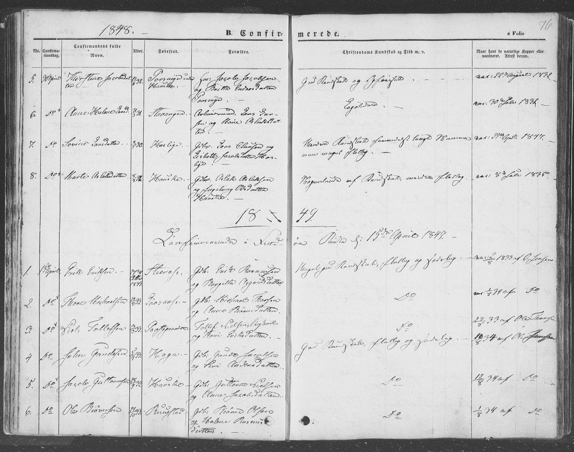 Finnøy sokneprestkontor, SAST/A-101825/H/Ha/Haa/L0007: Parish register (official) no. A 7, 1847-1862, p. 76