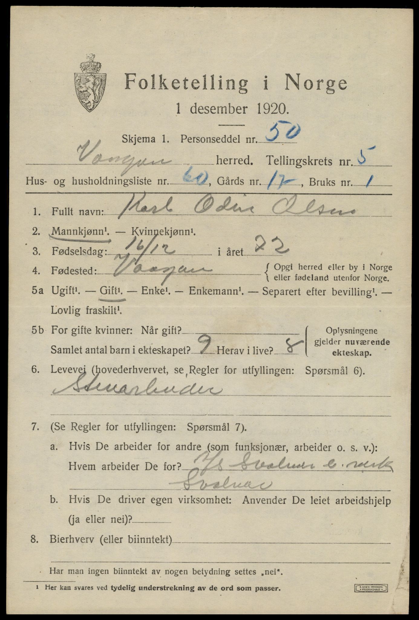 SAT, 1920 census for Vågan, 1920, p. 6139