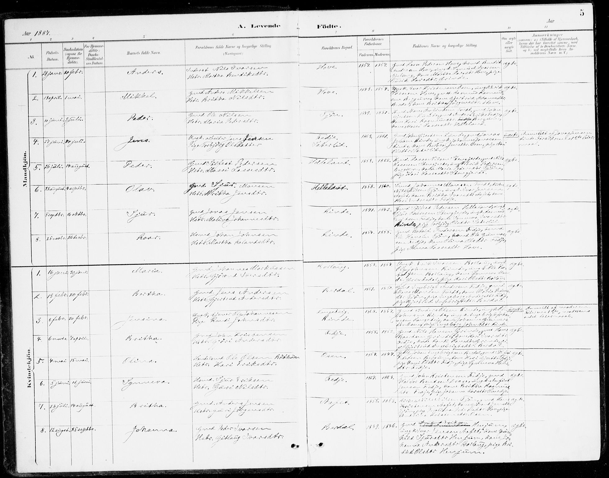 Leikanger sokneprestembete, AV/SAB-A-81001/H/Haa/Haad/L0001: Parish register (official) no. D 1, 1887-1922, p. 5