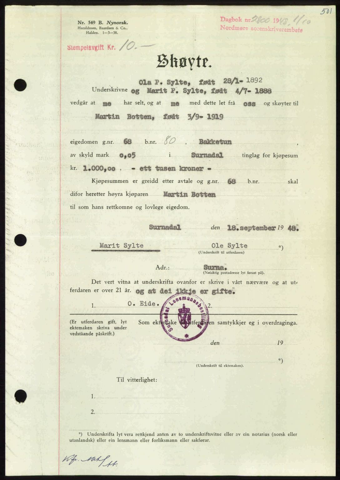 Nordmøre sorenskriveri, AV/SAT-A-4132/1/2/2Ca: Mortgage book no. A109, 1948-1948, Diary no: : 2800/1948