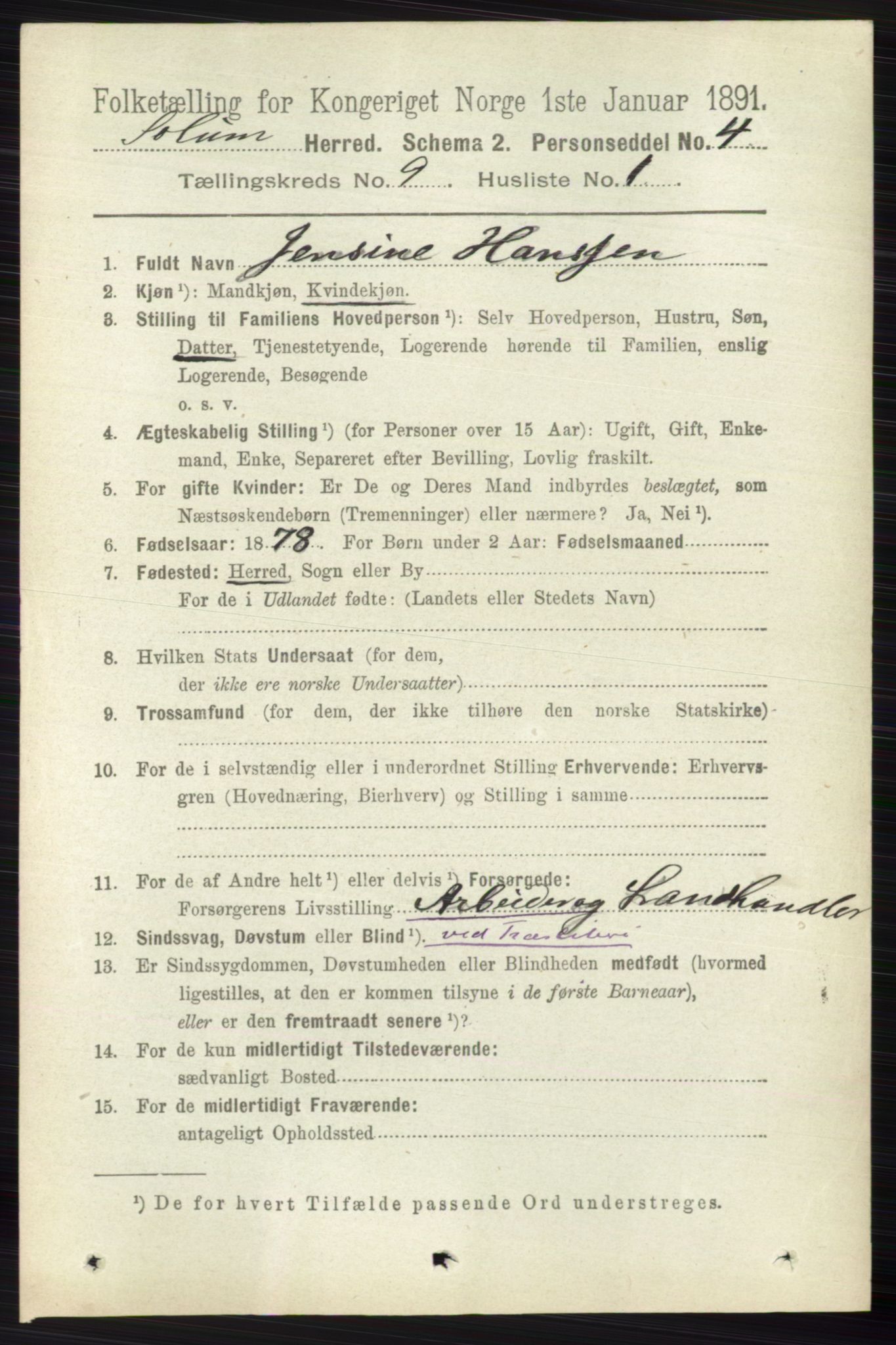 RA, 1891 census for 0818 Solum, 1891, p. 1943