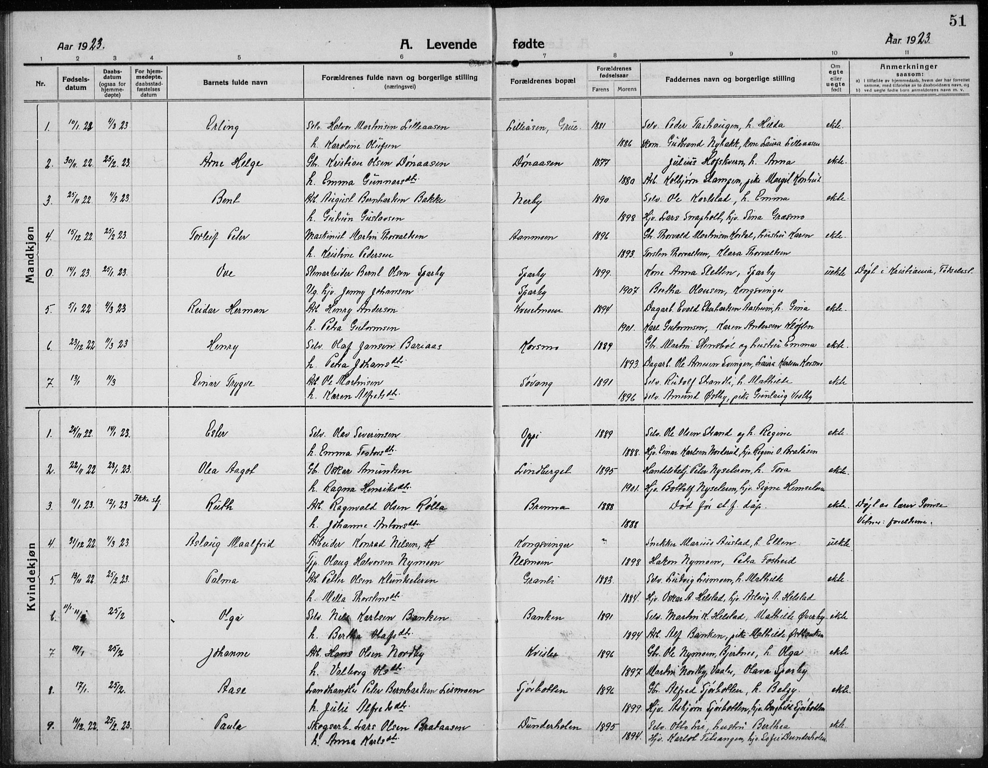 Hof prestekontor, SAH/PREST-038/H/Ha/Hab/L0002: Parish register (copy) no. 2, 1915-1934, p. 51