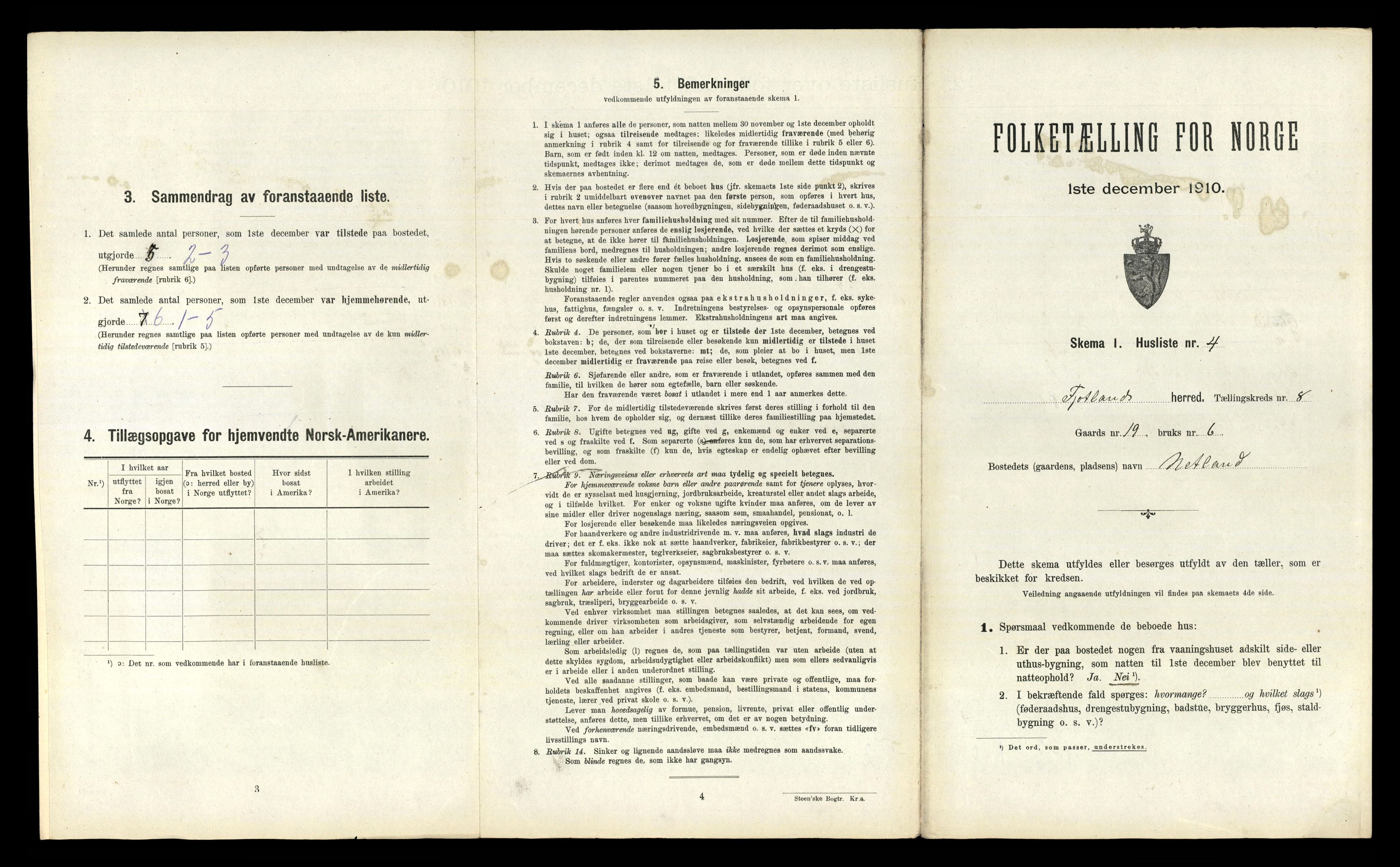 RA, 1910 census for Fjotland, 1910, p. 328