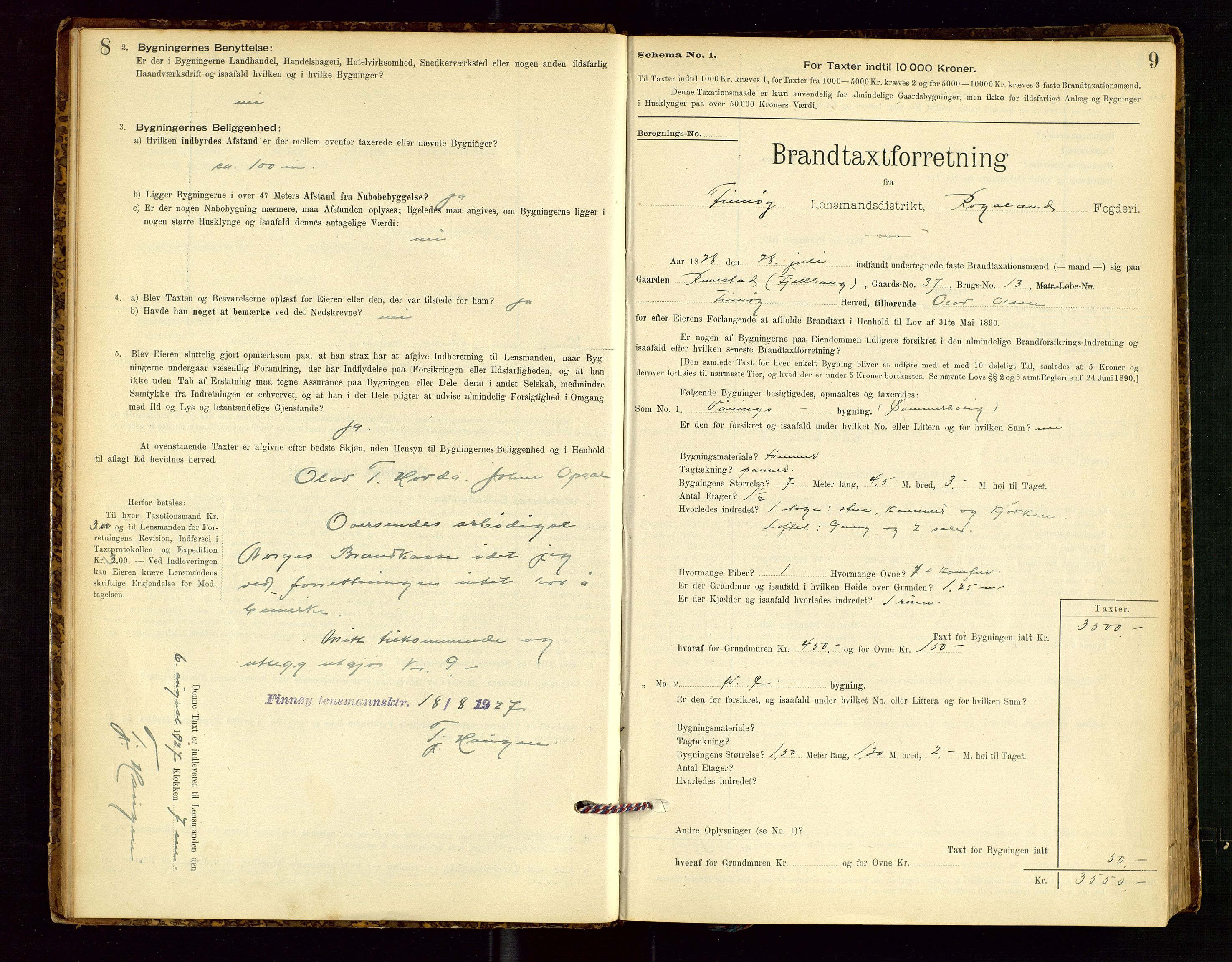 Finnøy lensmannskontor, SAST/A-100442/Goa/L0003: Branntakstprotokoll - skjemaprotokoll, 1896-1954, p. 8-9
