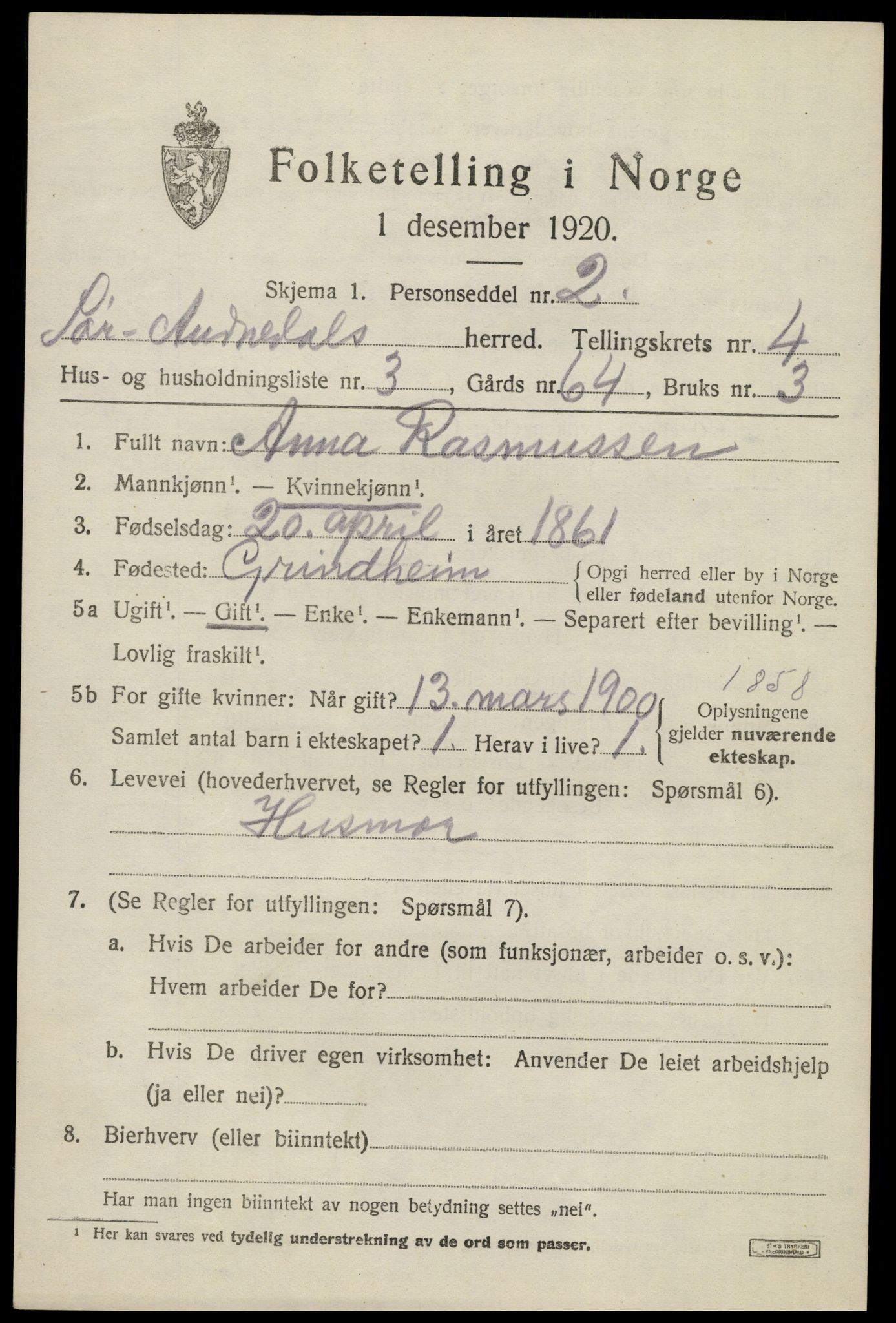 SAK, 1920 census for Sør-Audnedal, 1920, p. 2185