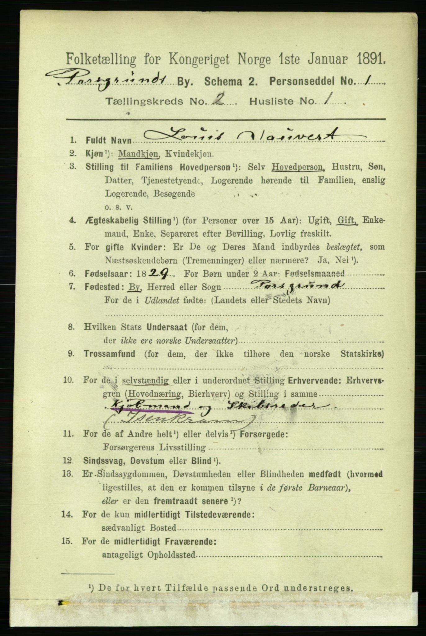 RA, 1891 census for 0805 Porsgrunn, 1891, p. 2129