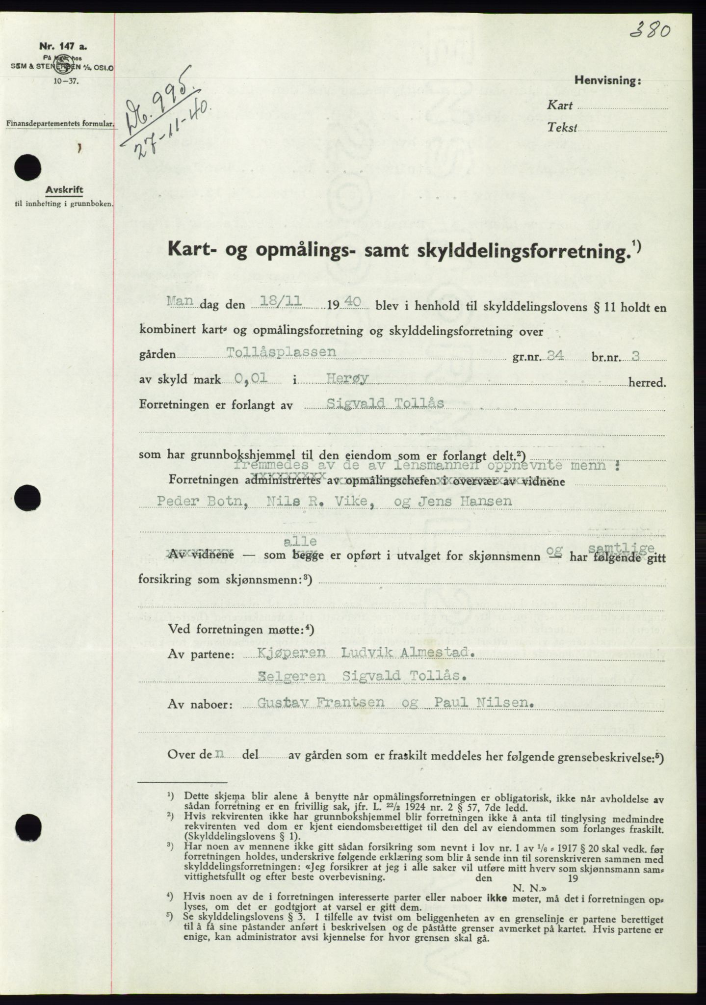 Søre Sunnmøre sorenskriveri, AV/SAT-A-4122/1/2/2C/L0070: Mortgage book no. 64, 1940-1941, Diary no: : 995/1940