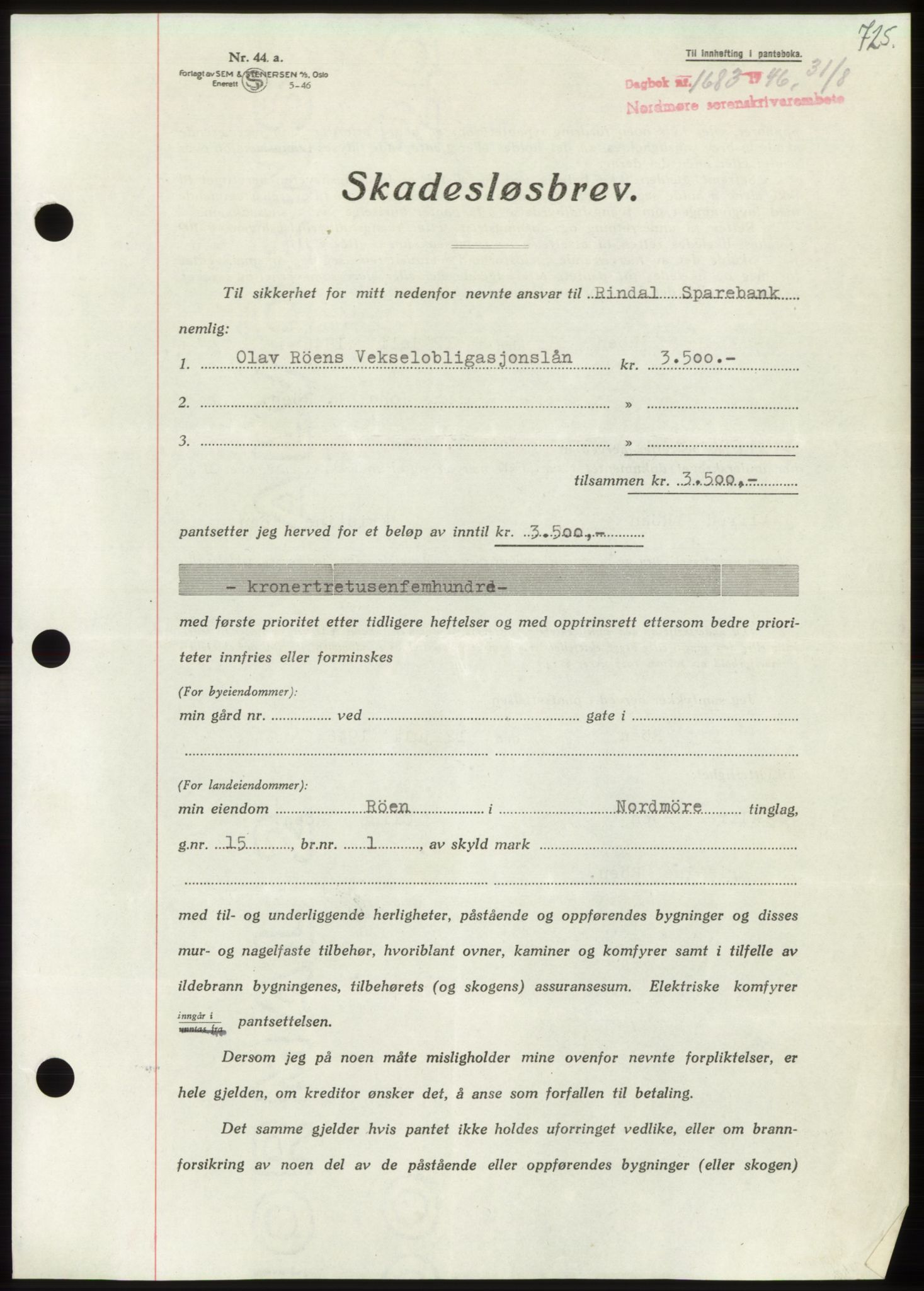 Nordmøre sorenskriveri, AV/SAT-A-4132/1/2/2Ca: Mortgage book no. B94, 1946-1946, Diary no: : 1683/1946