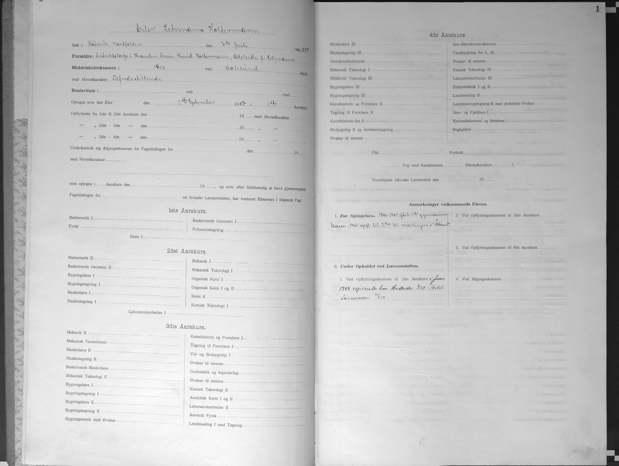 Trondhjems tekniske læreanstalt, AV/SAT-A-1622/G/Ga/L0049: Karakterprotokoll, faste elever, 1907-1912