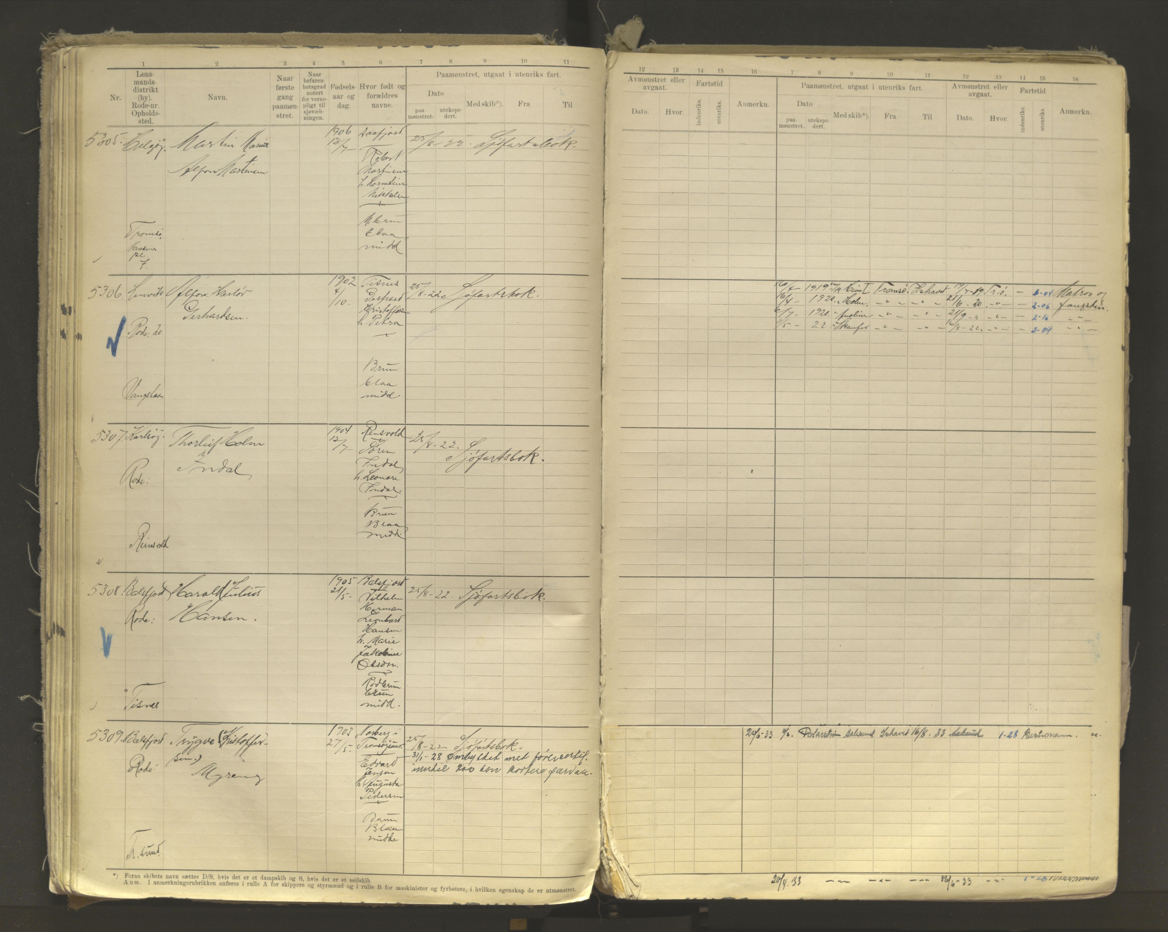 Tromsø sjømannskontor/innrullerings-/mønstringsdistrikt, AV/SATØ-S-0243/F/Fb/L0011: Annotasjonsrulle. Defekt: løs innbinding. Nr. 4973-7517, 1920-1928