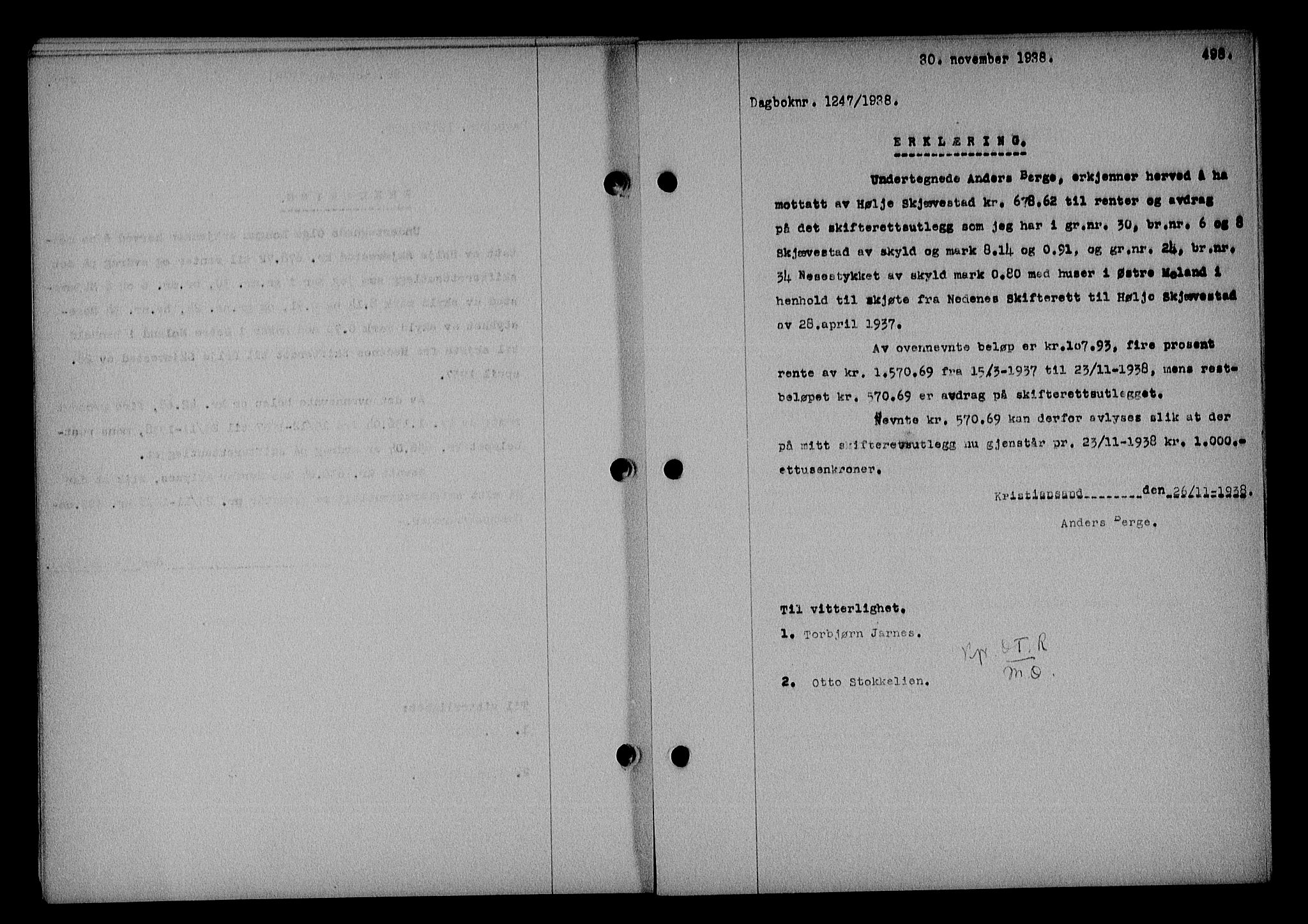 Nedenes sorenskriveri, SAK/1221-0006/G/Gb/Gba/L0045: Mortgage book no. 41, 1938-1938, Diary no: : 1247/1938