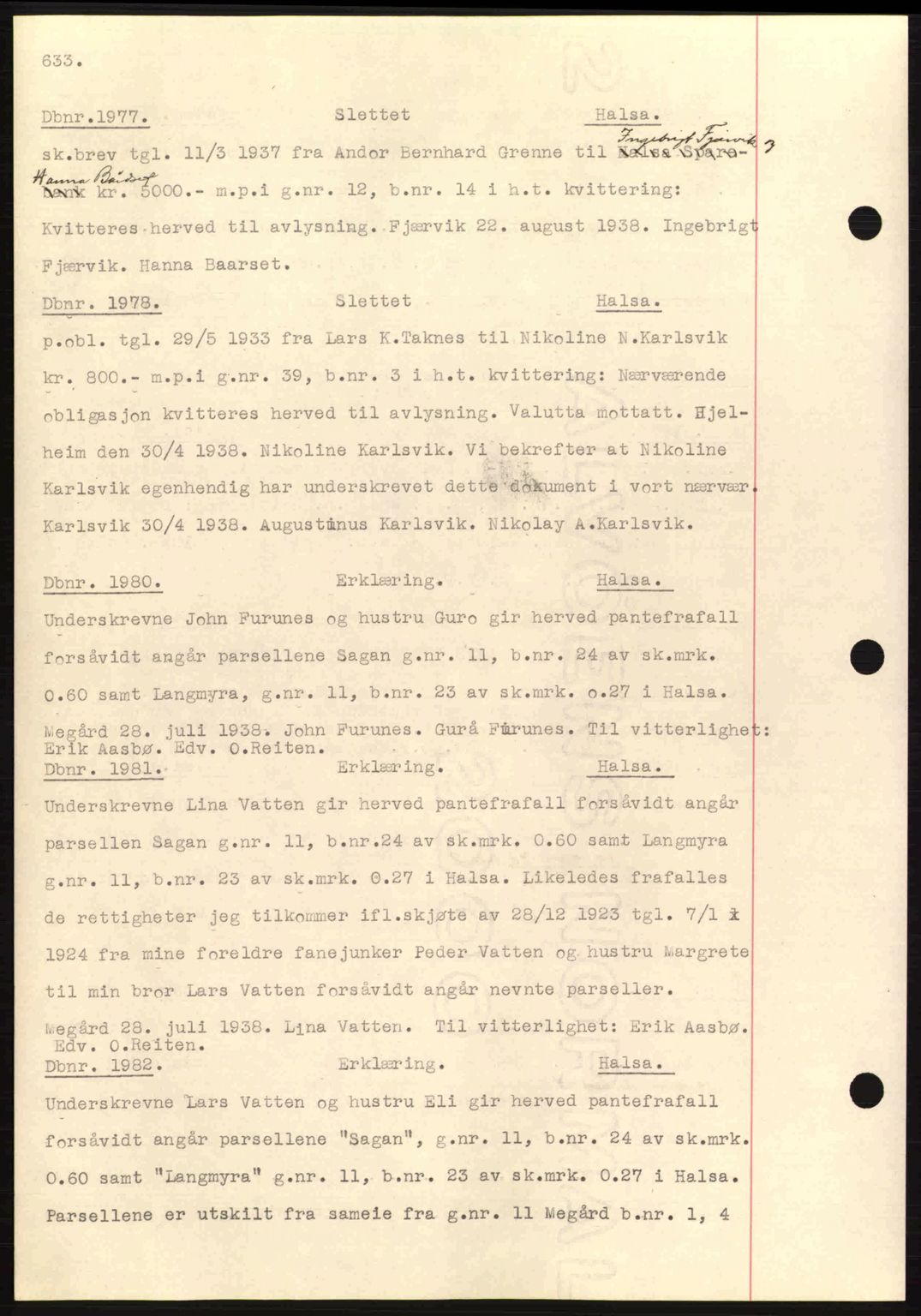 Nordmøre sorenskriveri, AV/SAT-A-4132/1/2/2Ca: Mortgage book no. C80, 1936-1939, Diary no: : 1977/1938