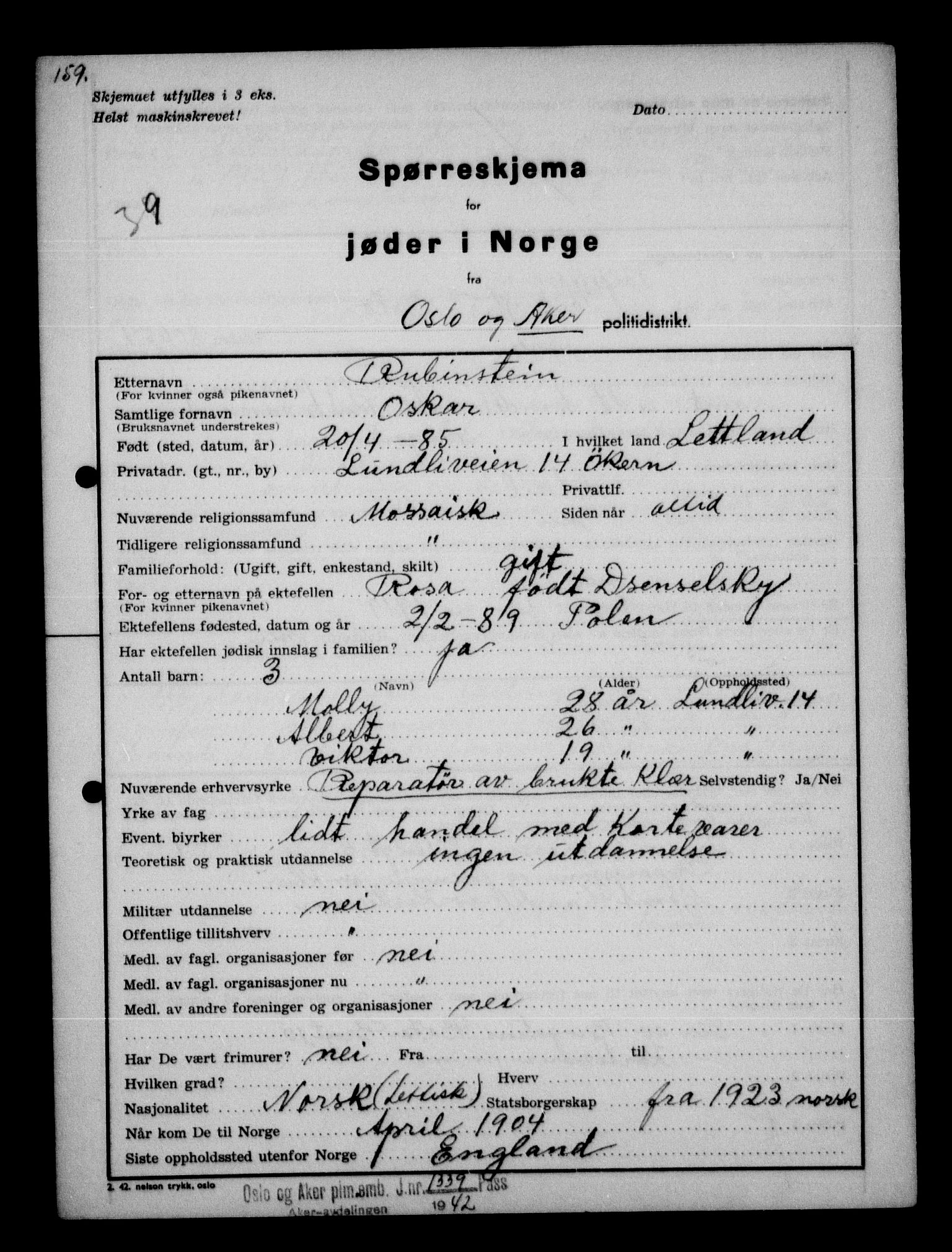 Statspolitiet - Hovedkontoret / Osloavdelingen, AV/RA-S-1329/G/Ga/L0012: Spørreskjema for jøder i Norge. 1: Aker 114- 207 (Levinson-Wozak) og 656 (Salomon). 2: Arendal-Hordaland. 3: Horten-Romerike.  , 1942, p. 138