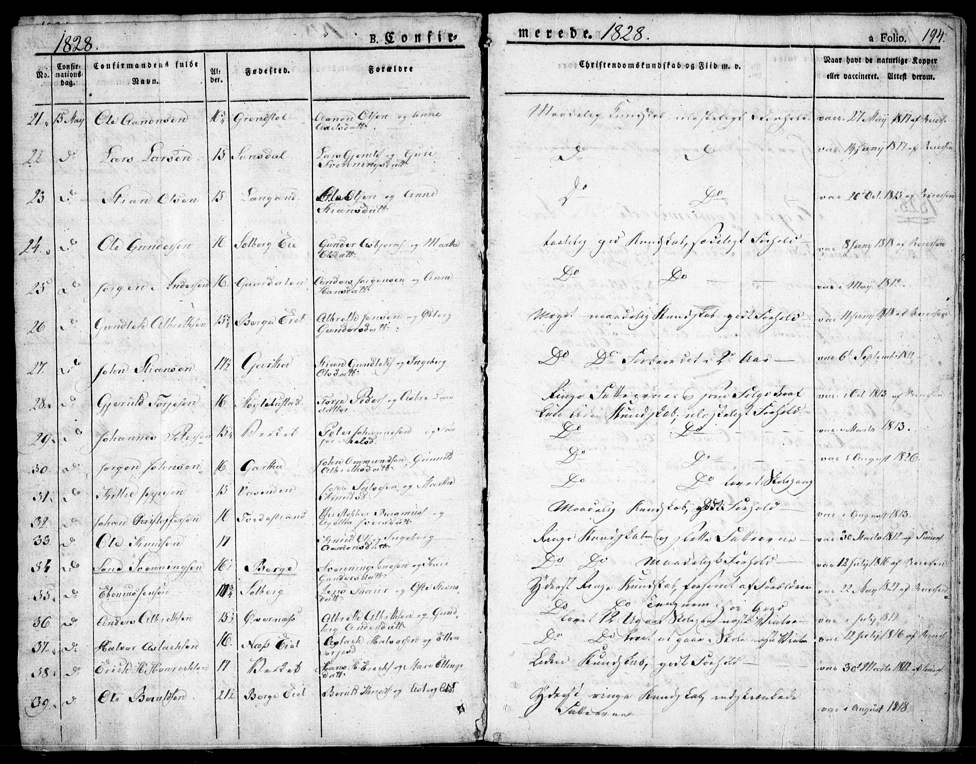 Holt sokneprestkontor, SAK/1111-0021/F/Fa/L0006: Parish register (official) no. A 6, 1820-1835, p. 194