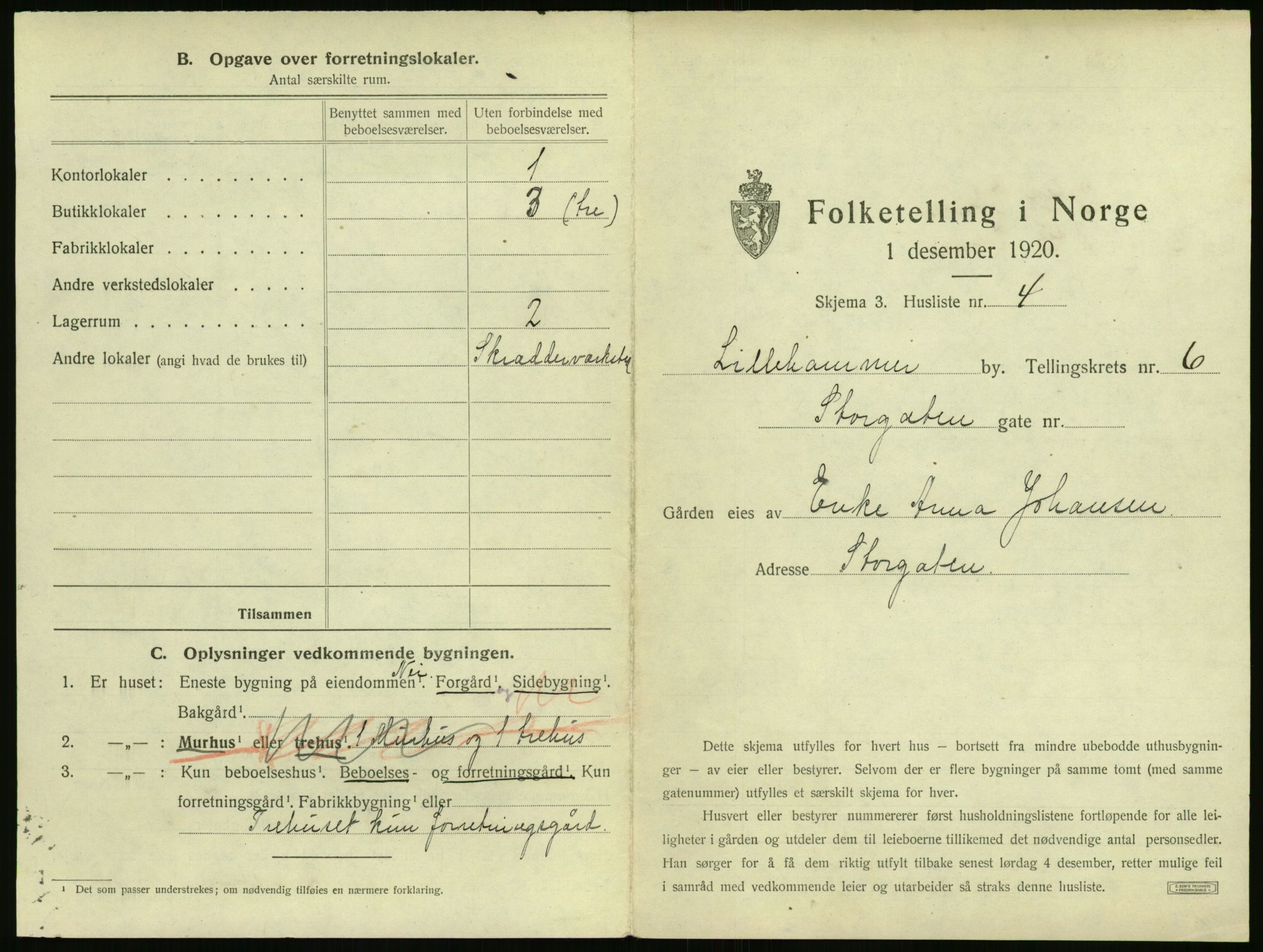 SAH, 1920 census for Lillehammer, 1920, p. 620