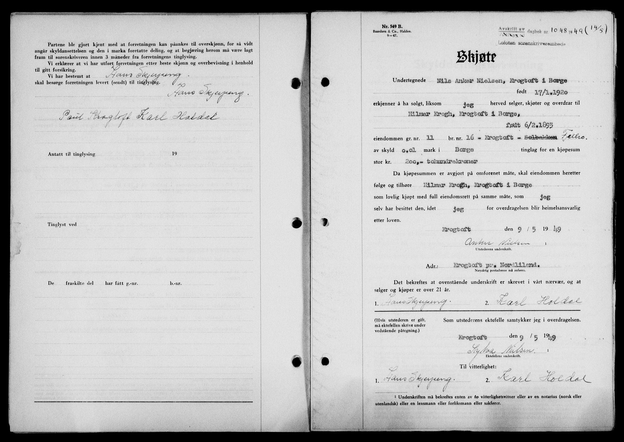 Lofoten sorenskriveri, SAT/A-0017/1/2/2C/L0020a: Mortgage book no. 20a, 1948-1949, Diary no: : 1048/1949